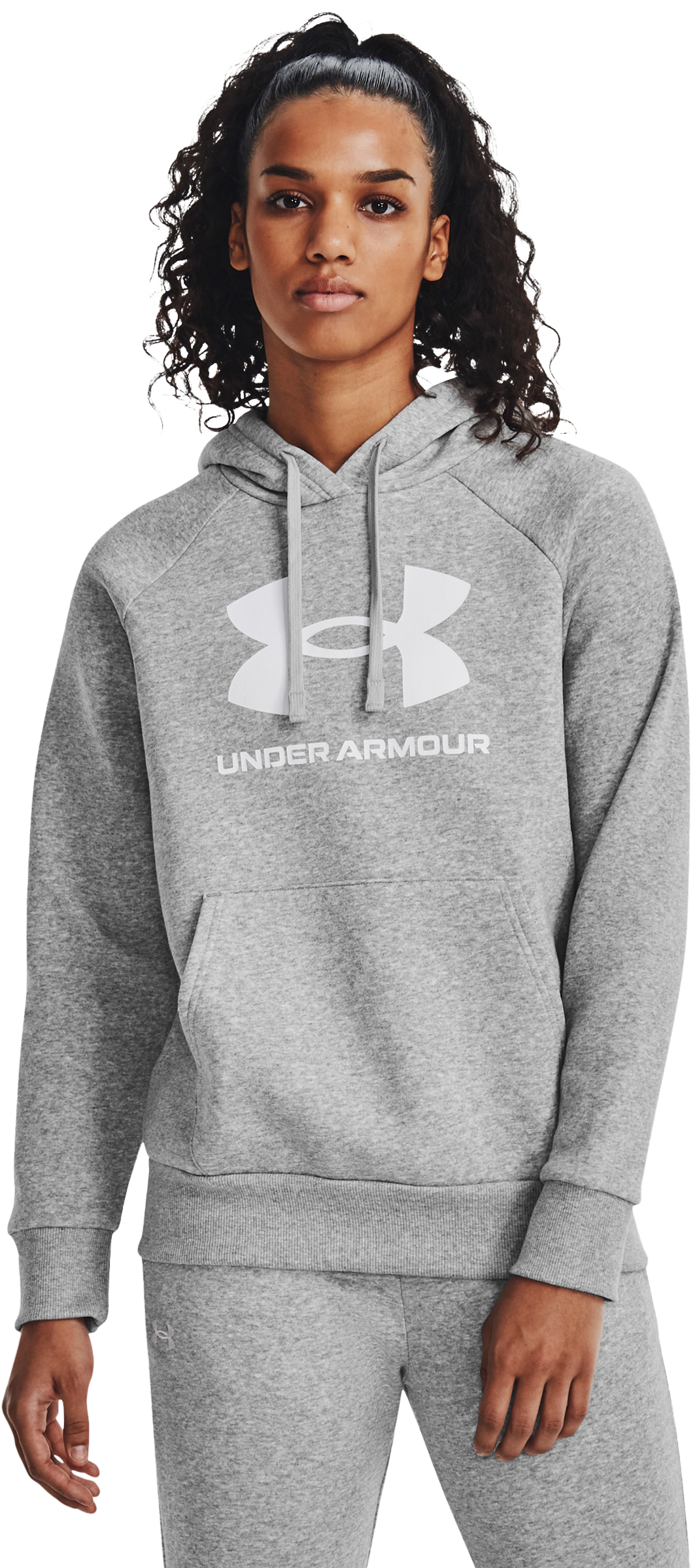 Image of Under Armour Rival Fleece Big Logo Long-Sleeve Hoodie for Ladies - Mod Gray Light Heather/White - S