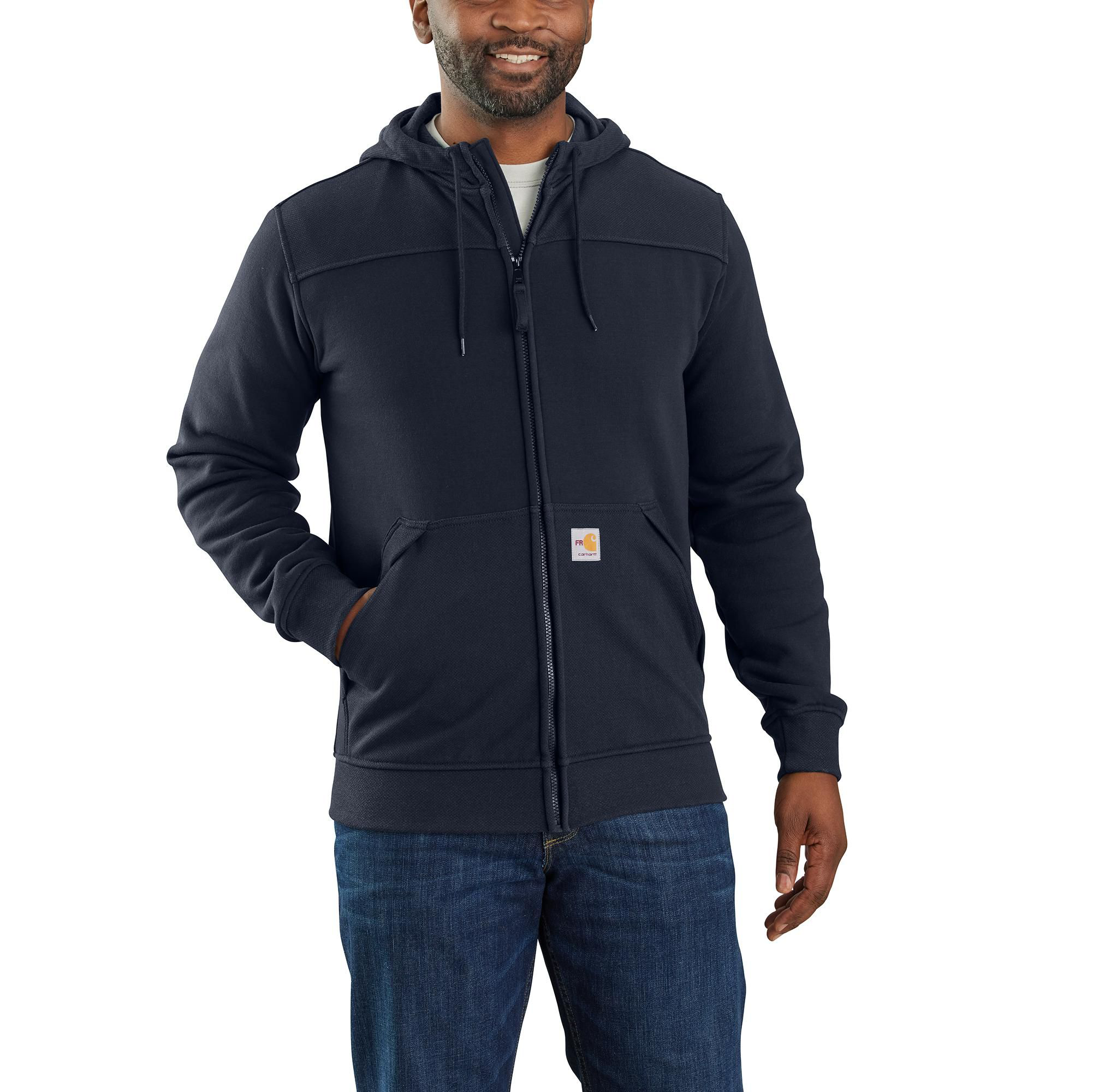 Image of Carhartt Flame-Resistant Rain Defender Relaxed-Fit Fleece Jacket for Men - Navy - XL