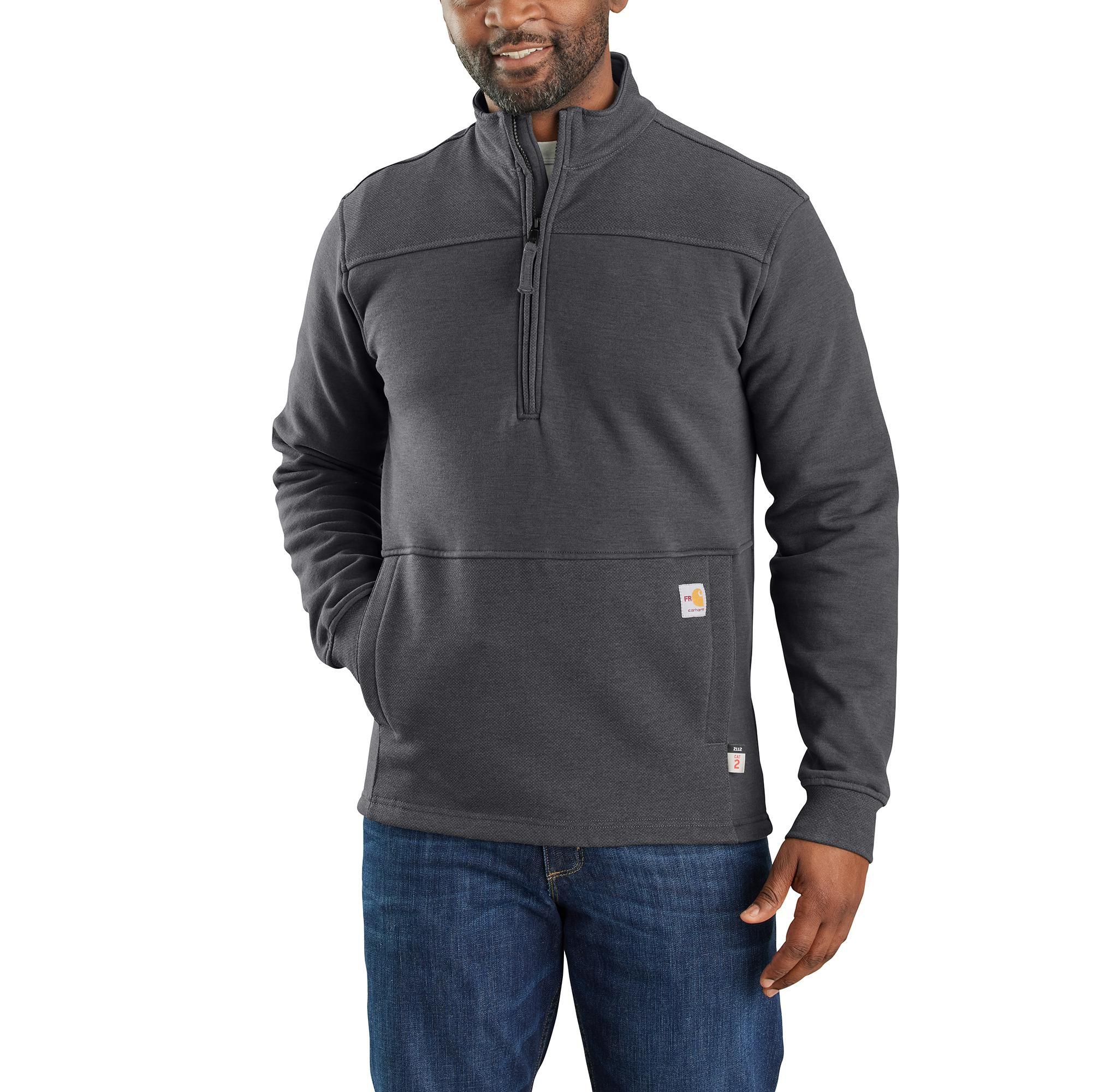 Image of Carhartt Force Flame-Resistant Rain Defender Relaxed-Fit Mock-Neck Fleece Pullover for Men - Shadow - S