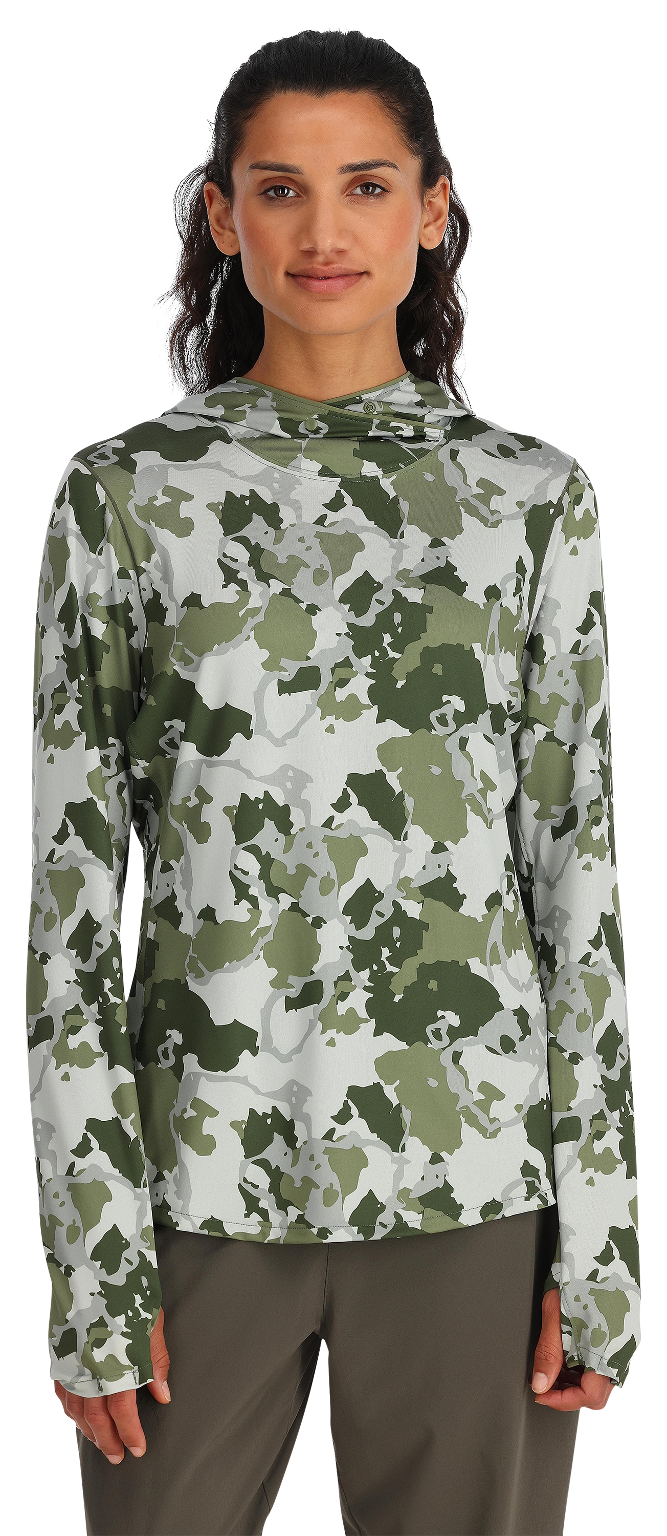 Image of Simms SolarFlex Long-Sleeve Hoodie for Ladies - Regiment Camo Clover - XL