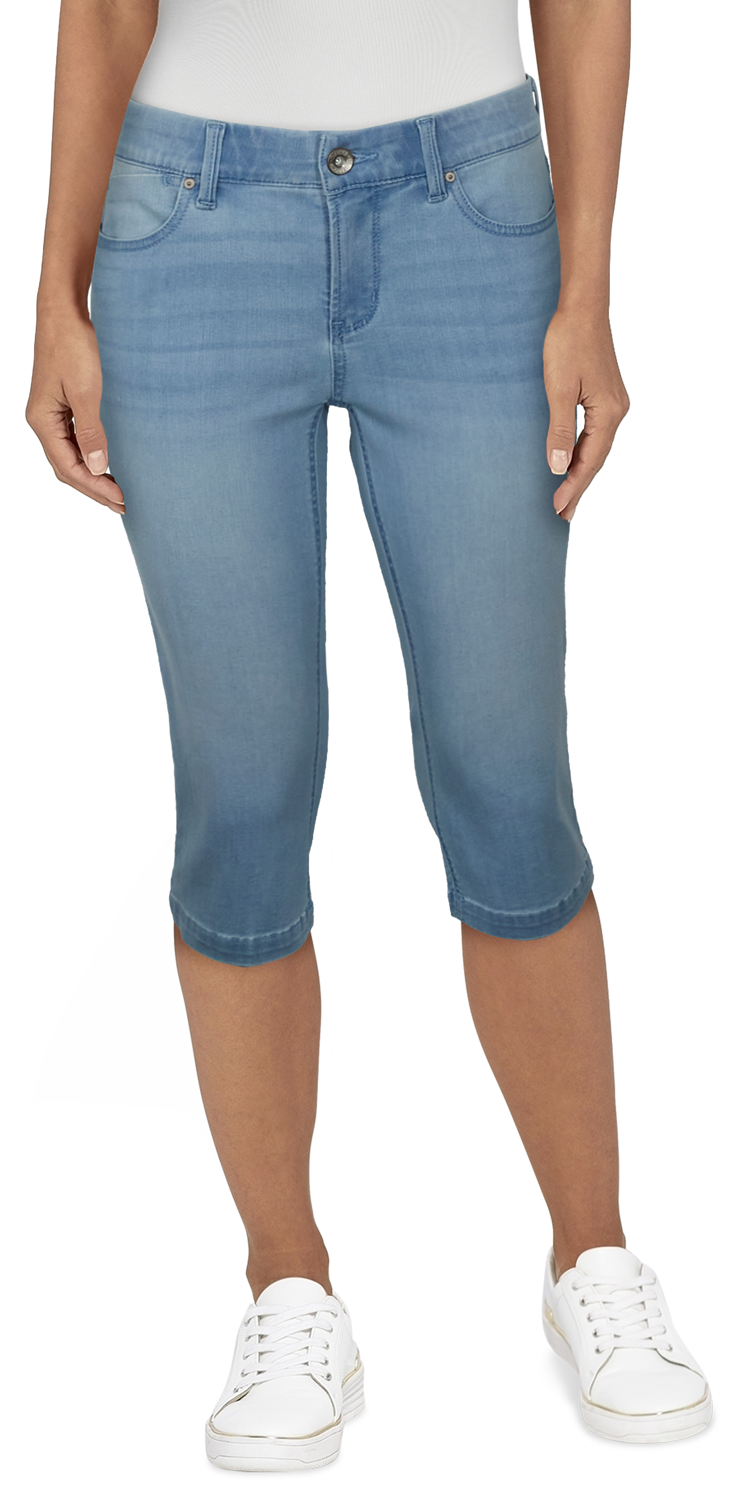 Image of Natural Reflections Campside 5-Pocket Skimmer Capris for Ladies - Light Wash - 2