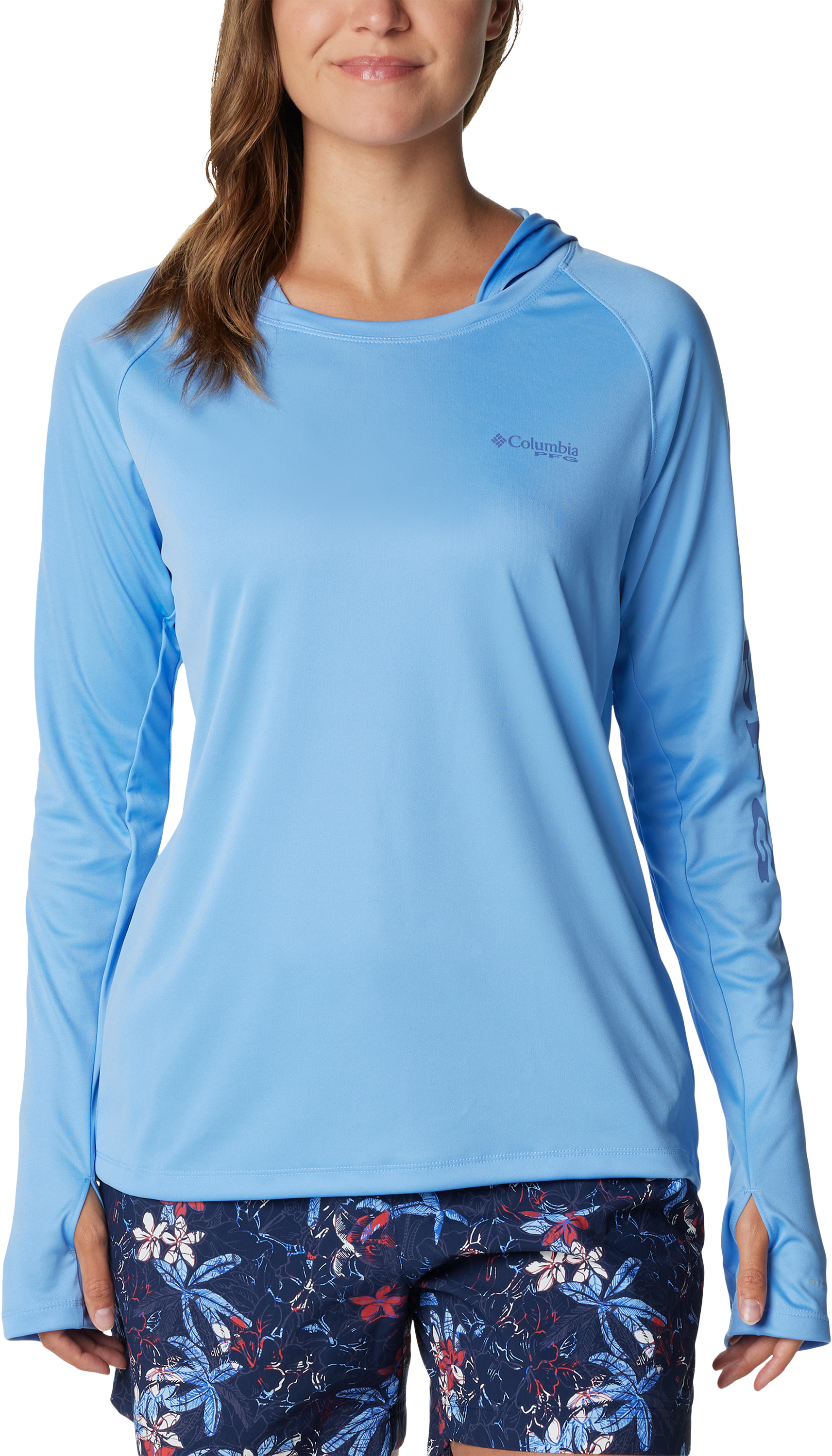 Image of Columbia PFG Tidal Tee Long-Sleeve Hoodie for Ladies - White Cap/Bluebell - M