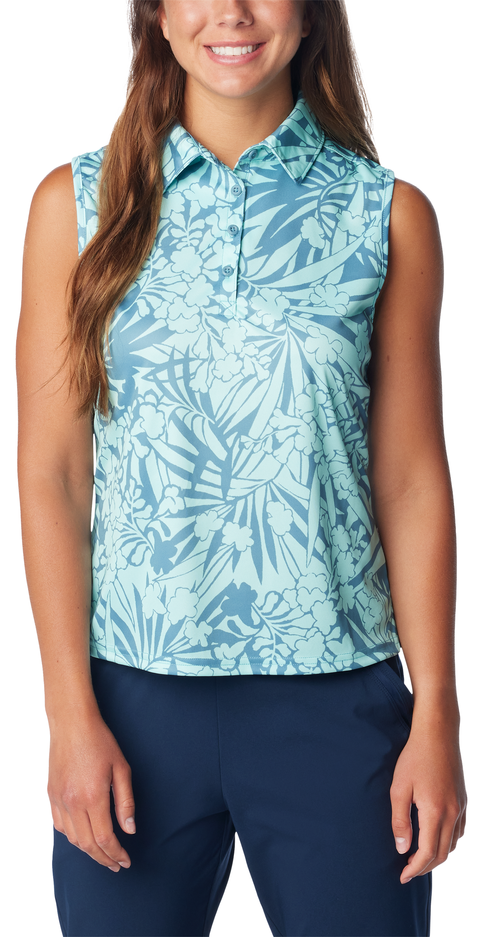 Image of Columbia Super Tidal Tee Sleeveless Polo for Ladies - Canyon Blue Tropictones