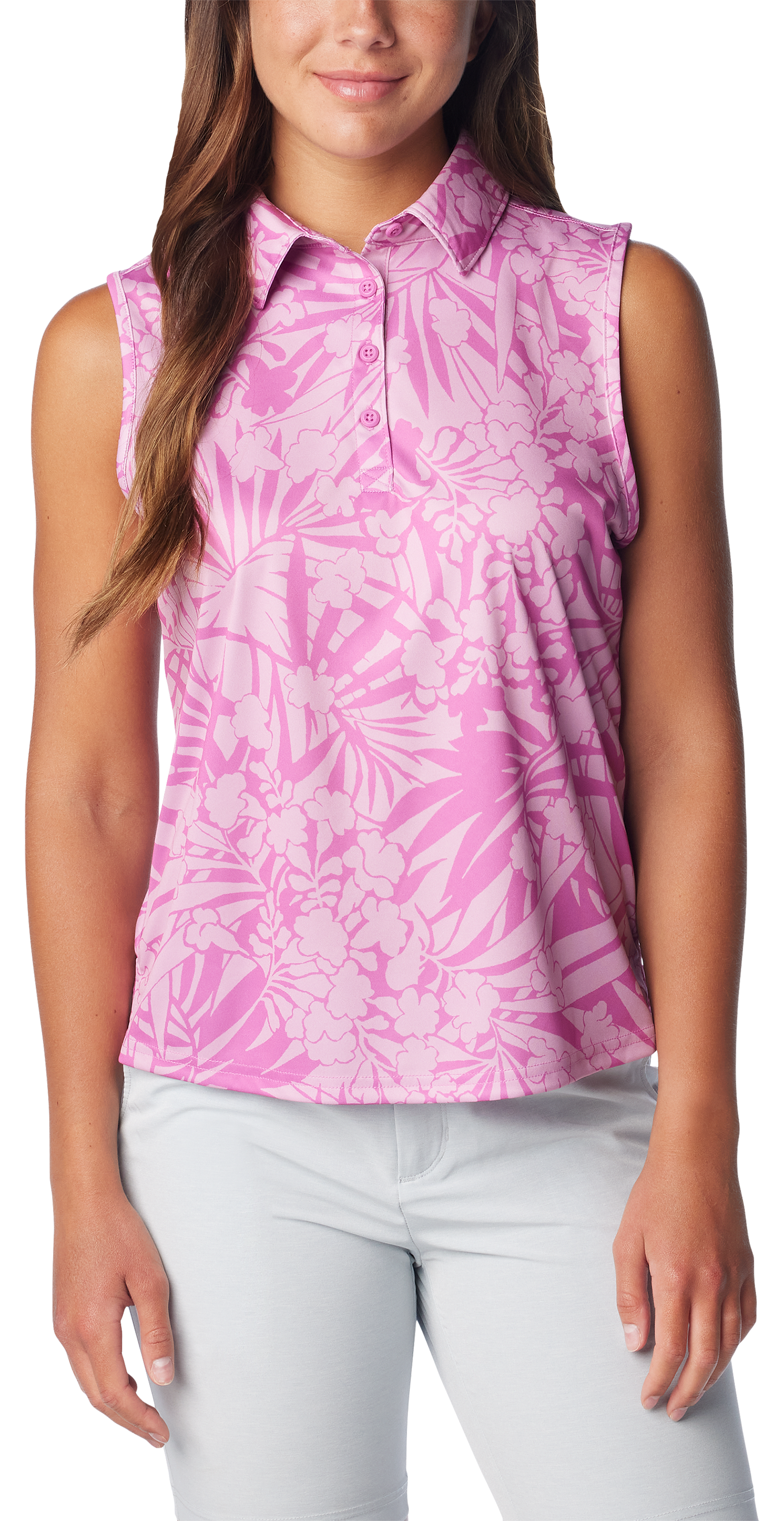 Image of Columbia Super Tidal Tee Sleeveless Polo for Ladies - Bright Lavender Tropictones