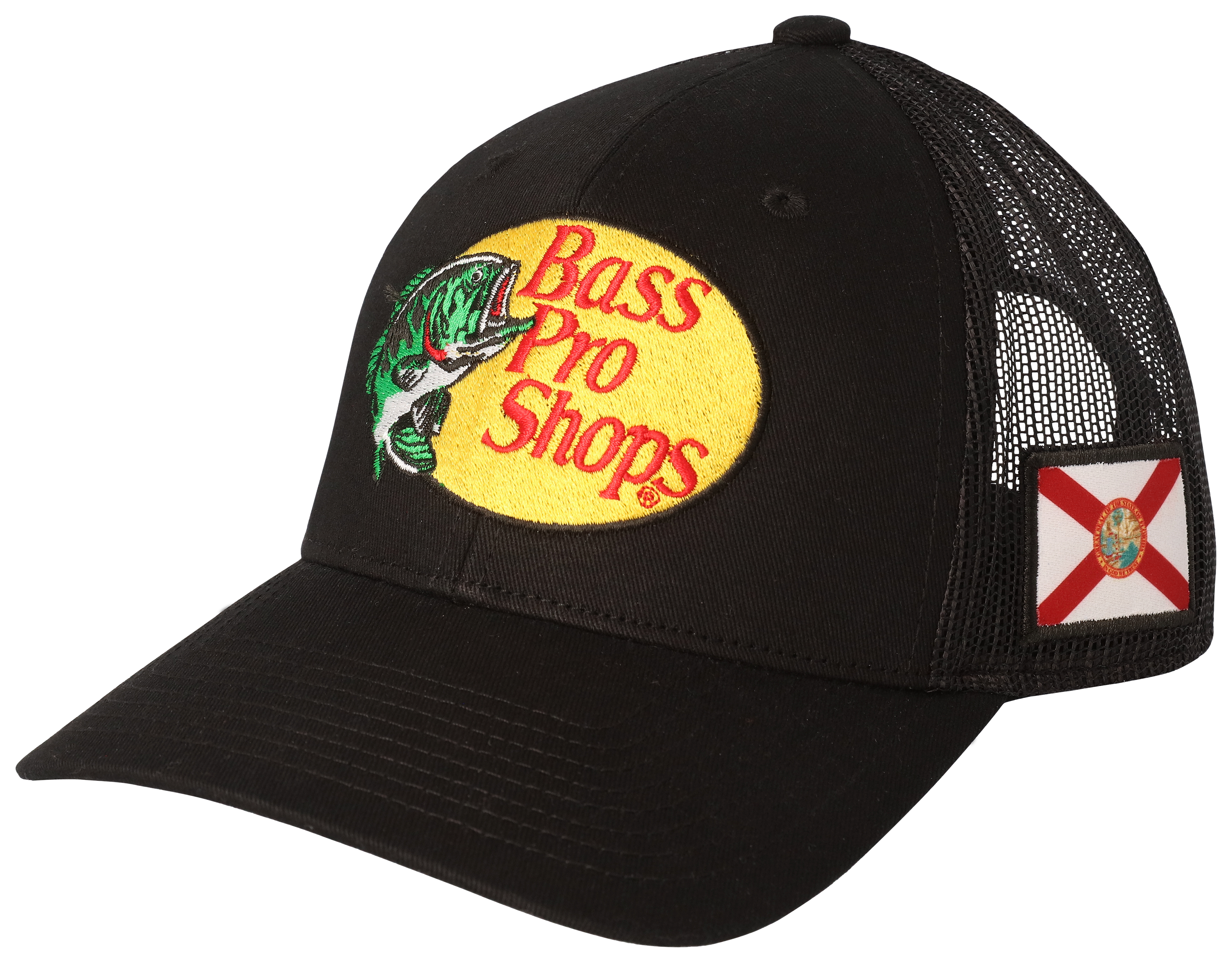 Image of Bass Pro Shops Woodcut Logo and Florida Patch Snapback Cap - Black/Black