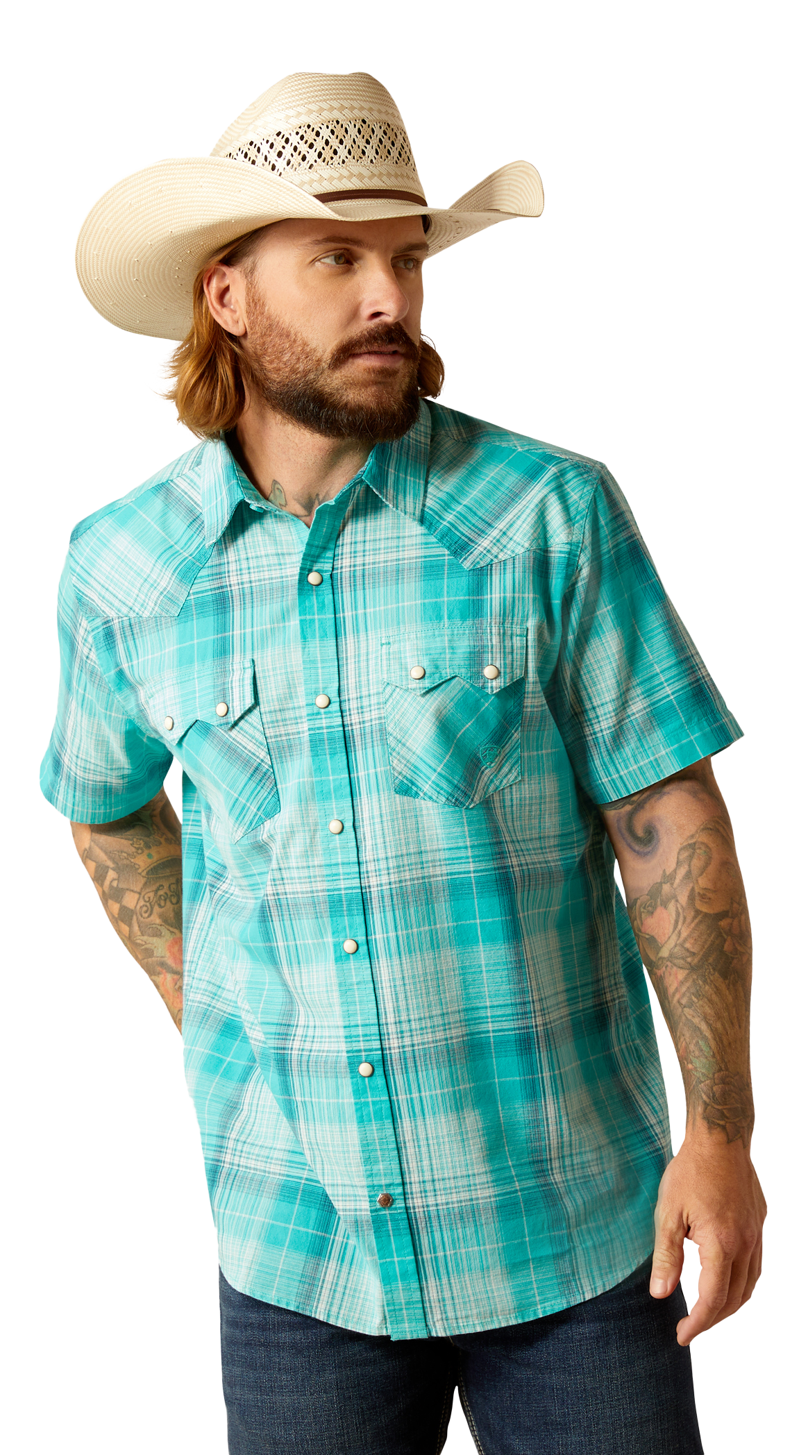 Image of Ariat Haddon Retro-Fit Snap Short-Sleeve Shirt for Men - Winter Aqua - M