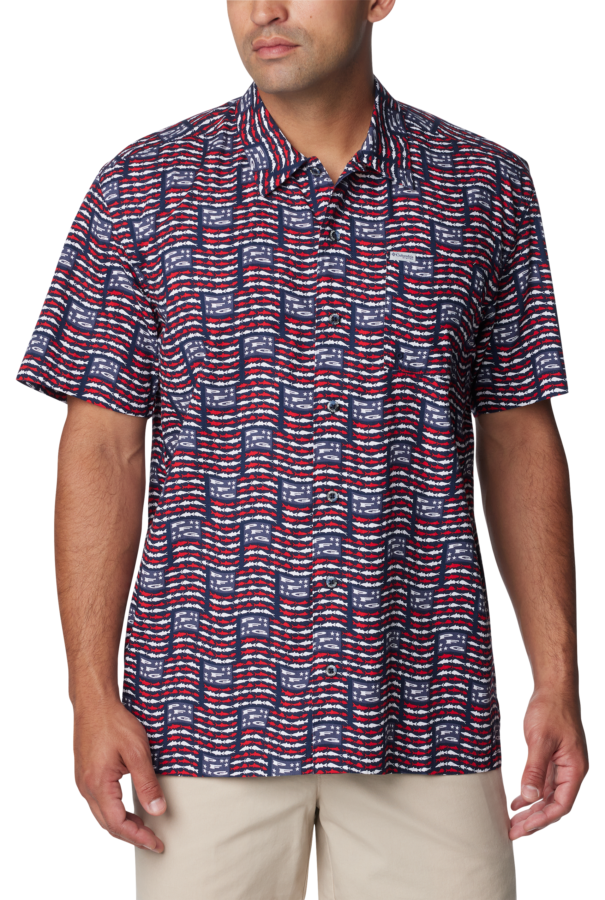 Image of Columbia PFG Trollers Best Short-Sleeve Shirt for Men - Collegiate Navy/PFG Banner
