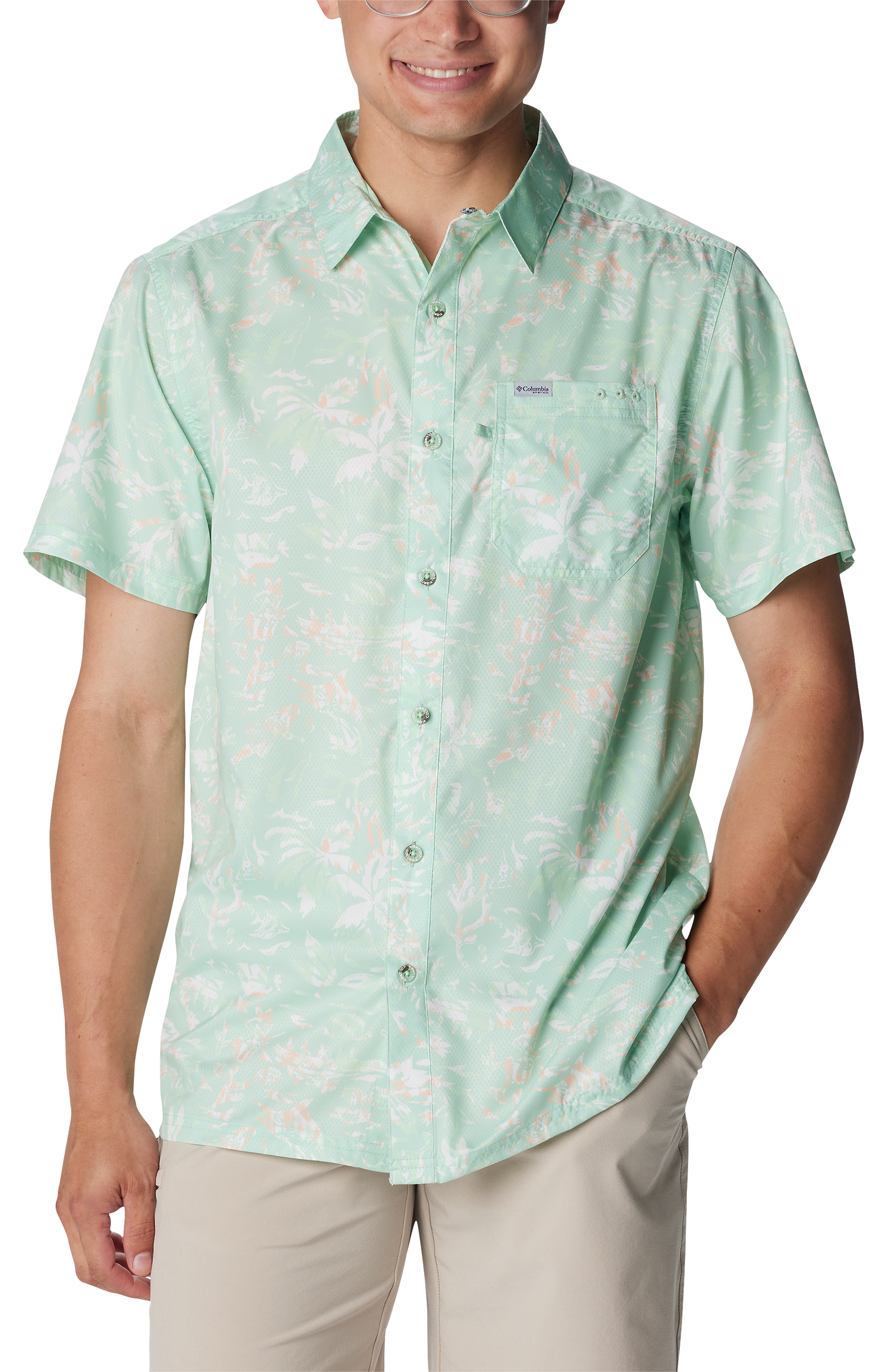 Image of Columbia Super Slack Tide Camp Short-Sleeve Shirt for Men - New Mint Kona Kraze - S