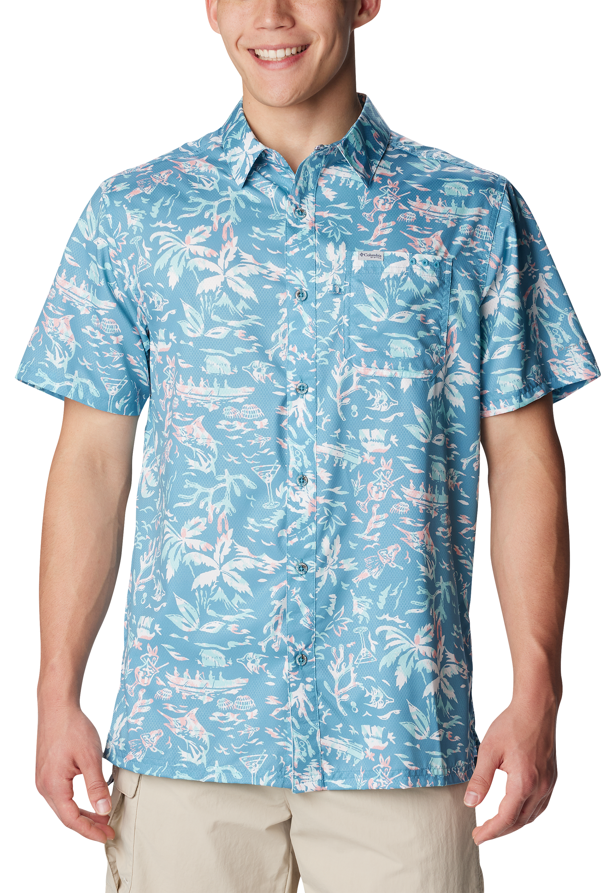 Image of Columbia Super Slack Tide Camp Short-Sleeve Shirt for Men - Canyon Blue Kona Kraze - S