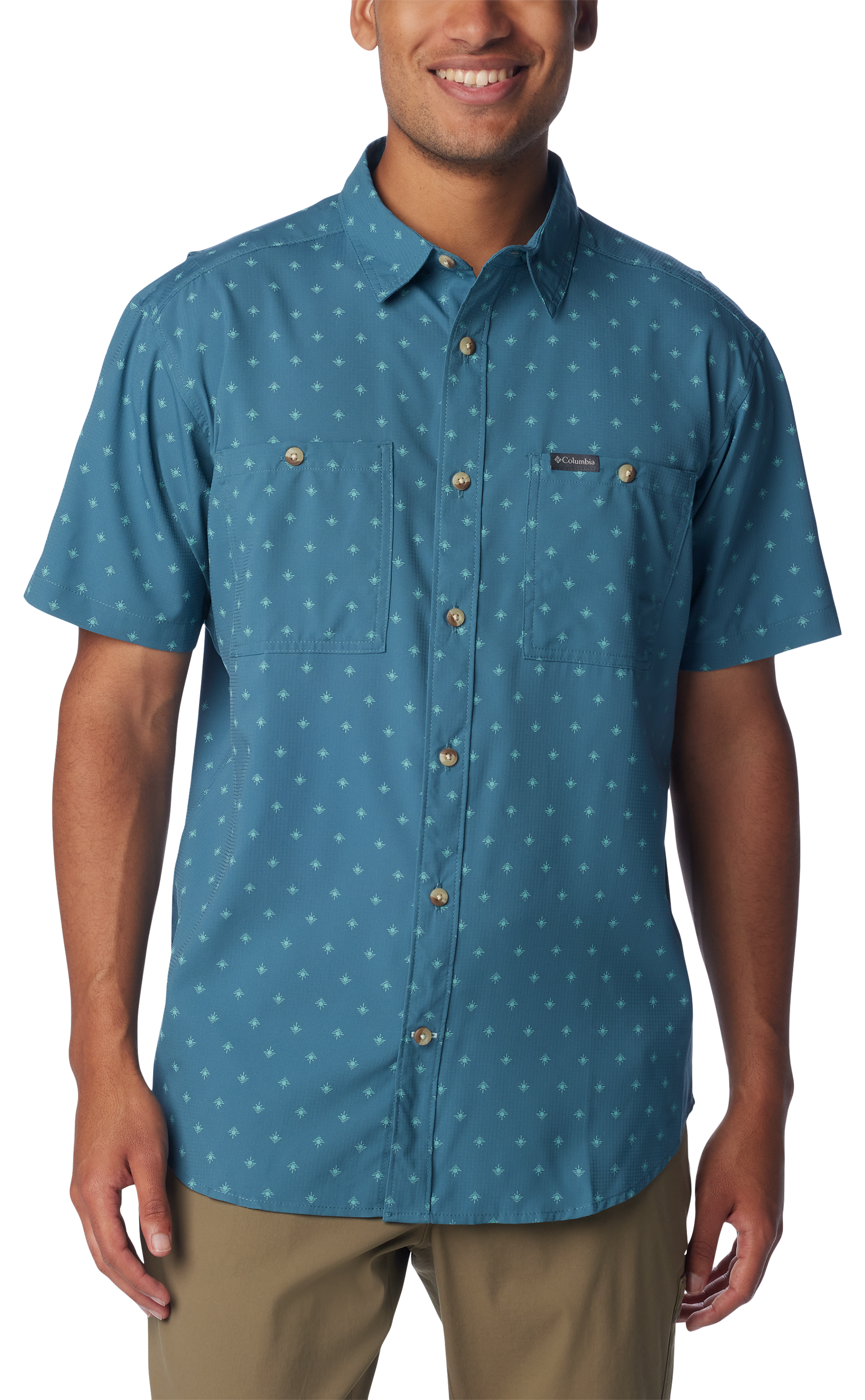 Image of Columbia Utilizer Printed Woven Short-Sleeve Button-Down Shirt for Men - Cloudburst Dawn Dot - S