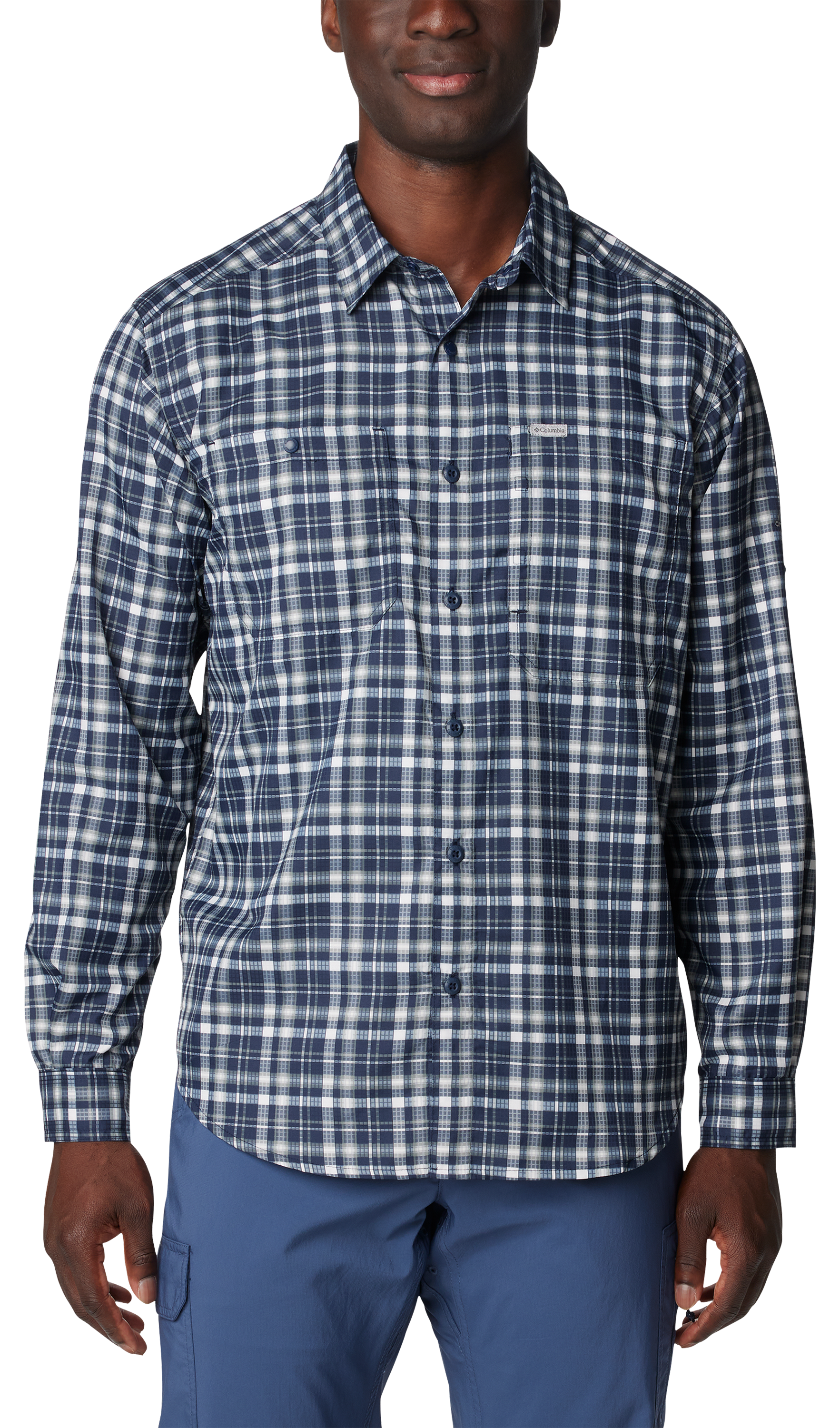 Image of Columbia Silver Ridge Utility Lite Plaid Button-Down Long-Sleeve Shirt for Men - Collegiate Navy/Multi Plaid - M