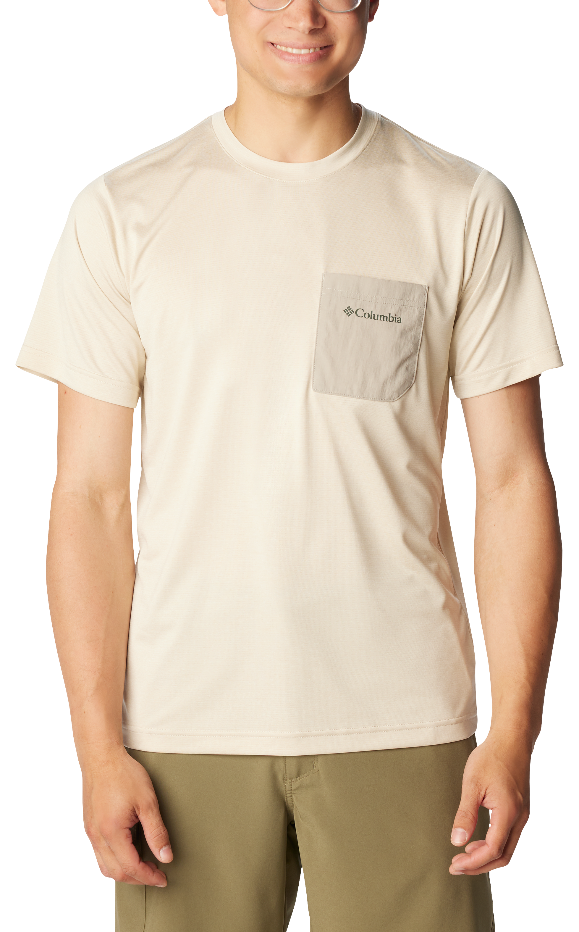 Image of Columbia Hike Novelty Crew-Neck Short-Sleeve Pocket T-Shirt for Men - Dark Stone Heather/Flint Grey