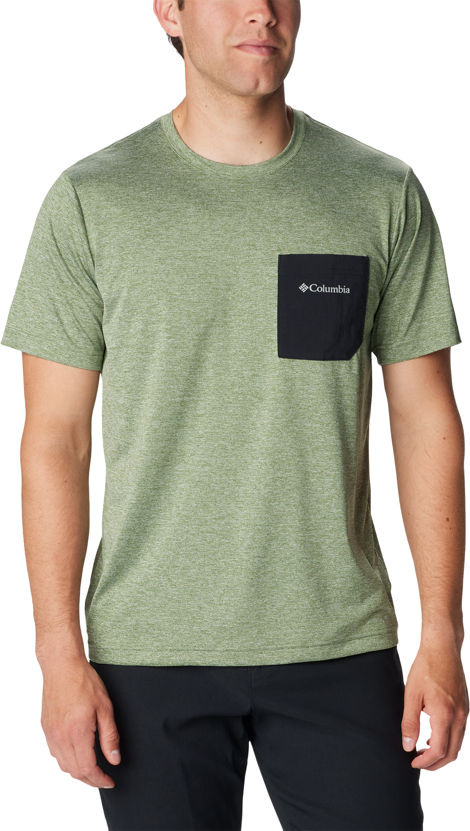 Image of Columbia Hike Novelty Crew-Neck Short-Sleeve Pocket T-Shirt for Men - Canteen Heather/Black