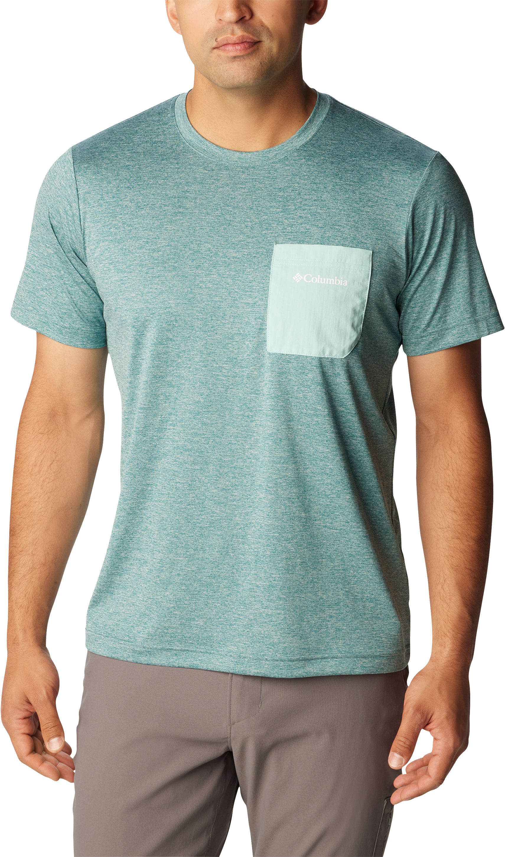 Image of Columbia Hike Novelty Crew-Neck Short-Sleeve Pocket T-Shirt for Men - Cloudburst Heather/Spray