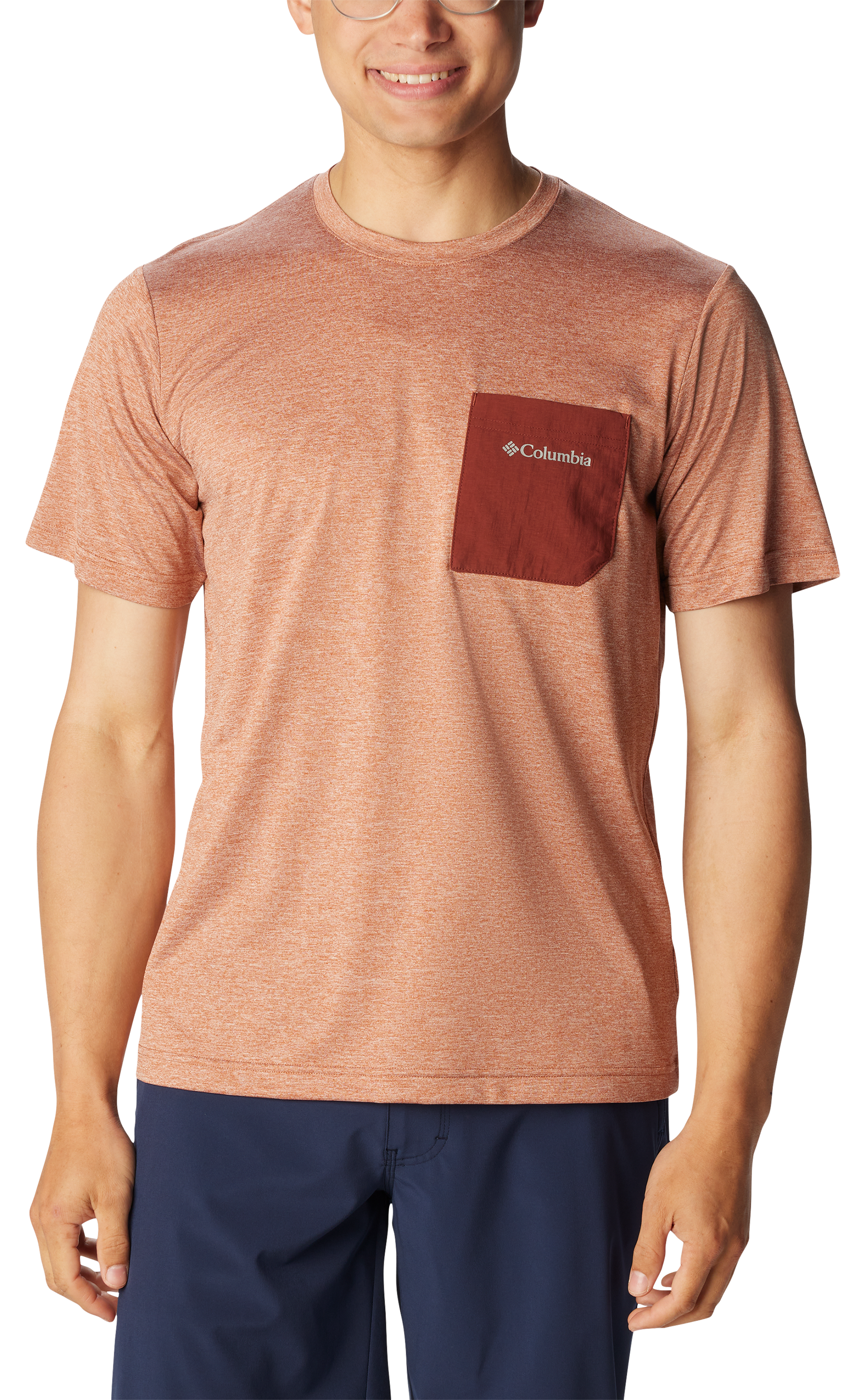 Image of Columbia Hike Novelty Crew-Neck Short-Sleeve Pocket T-Shirt for Men - Auburn Heather/Spice