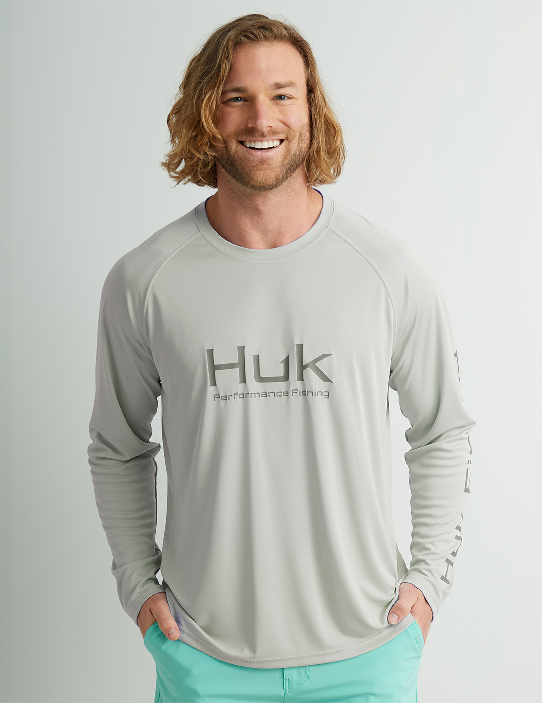 Image of Huk Vented Pursuit Logo Graphic Long-Sleeve Shirt - Harbor Mist