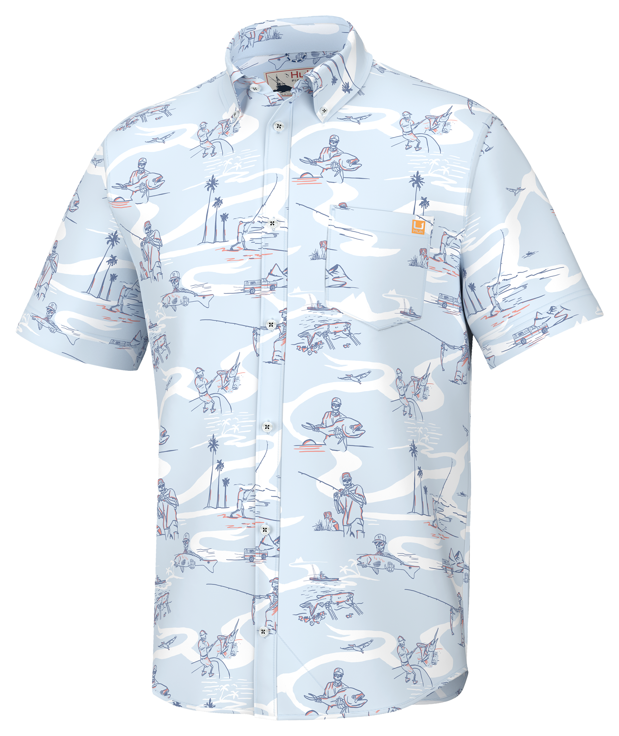 Image of Huk Kona Fish Bones Short-Sleeve Button-Down Shirt for Men - Ice Water - XL