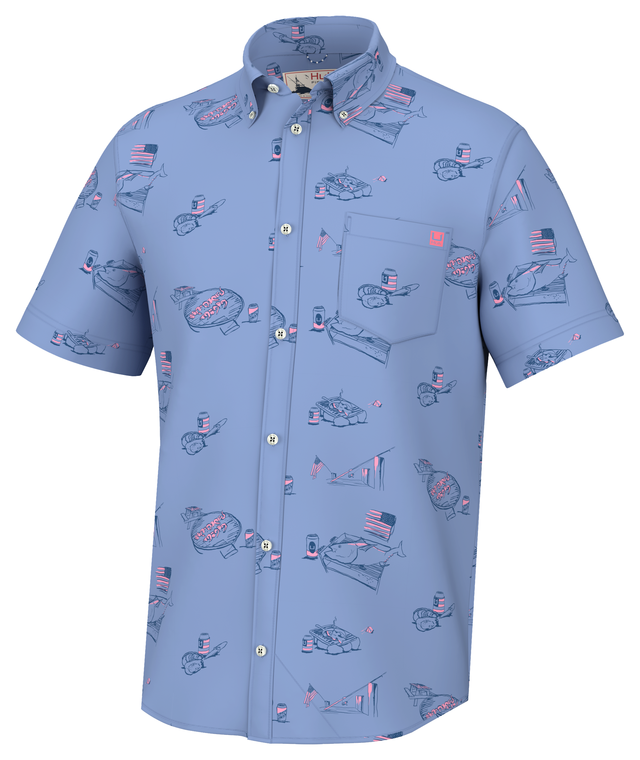 Image of Huk Kona Americookin Short-Sleeve Button-Down Shirt for Men - Quiet Harbor
