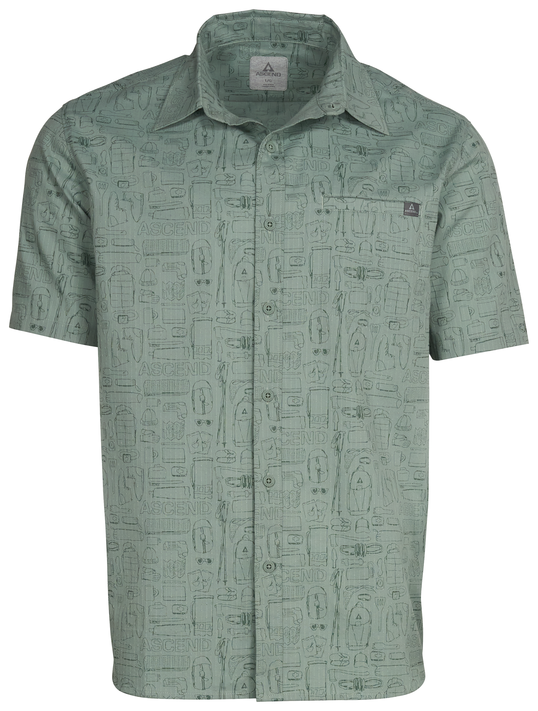 Image of Ascend Fireside Woven Button-Down Short-Sleeve Shirt for Men - Green Camp Kit Print - M