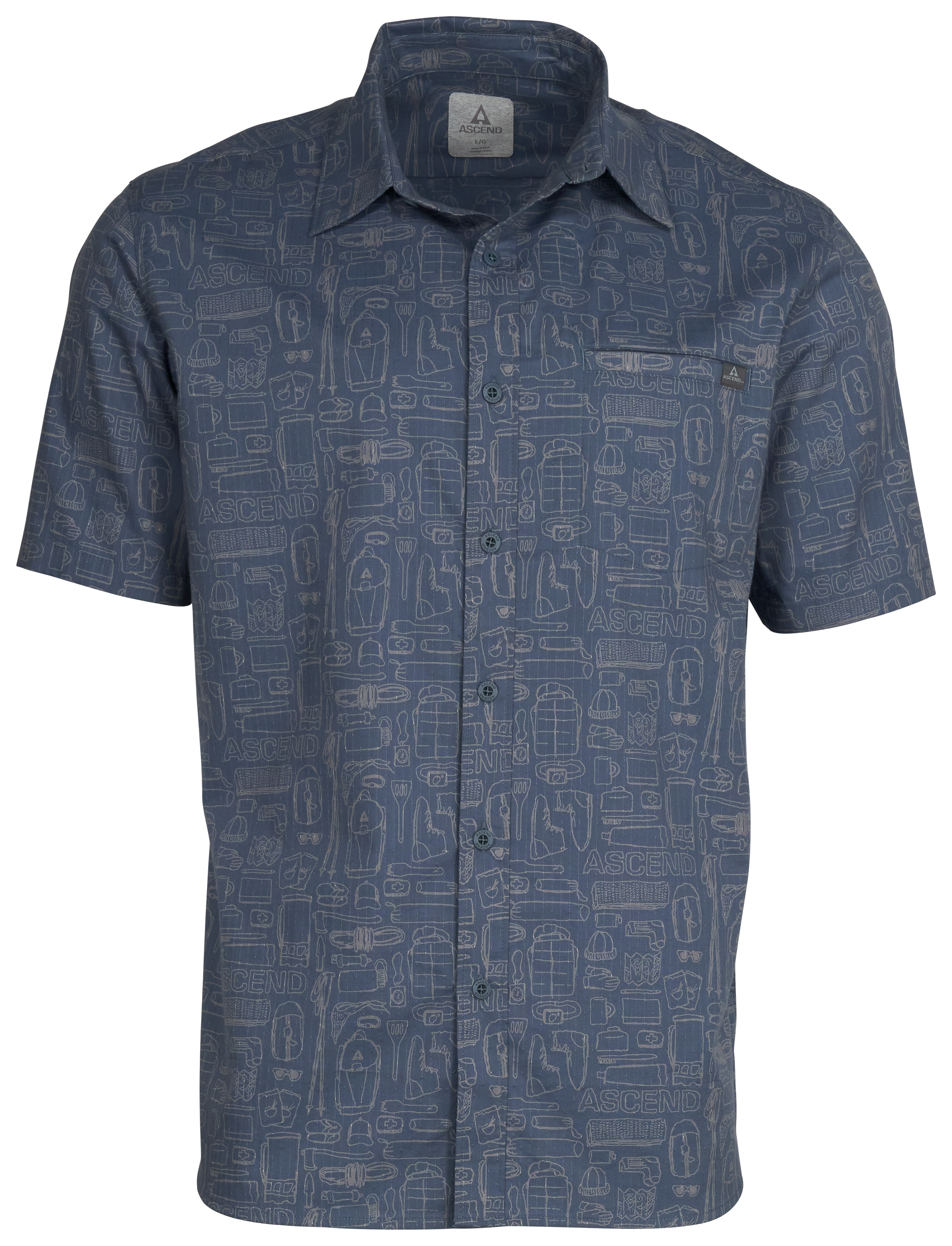 Image of Ascend Fireside Woven Button-Down Short-Sleeve Shirt for Men - Blue Camp Kit Print - S