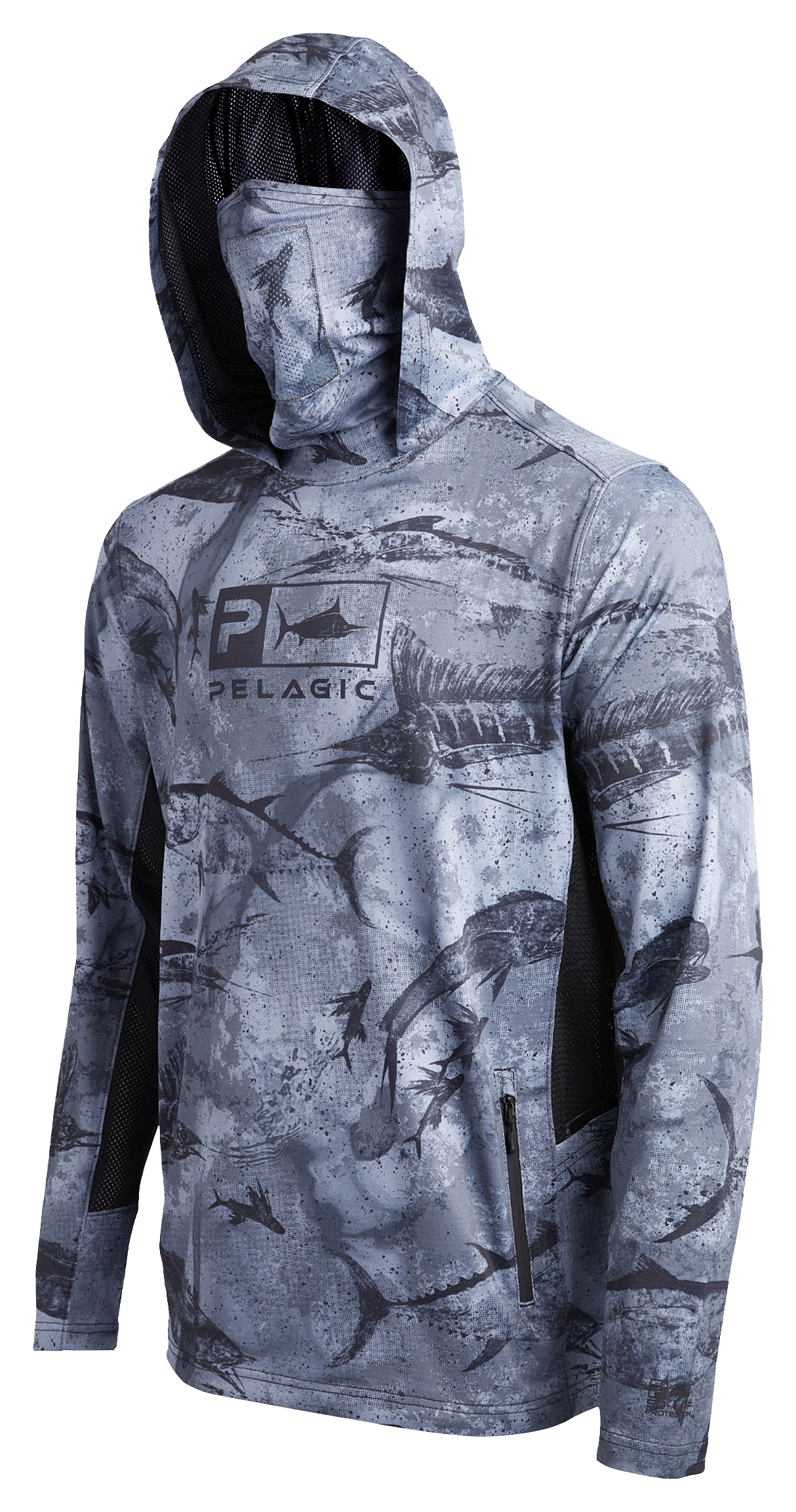 Image of Pelagic Exo-Tech Hooded Gyotaku Long-Sleeve Fishing Shirt for Men - Black - XL