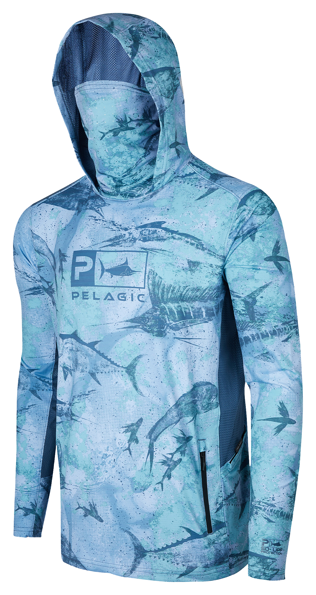 Image of Pelagic Exo-Tech Hooded Gyotaku Long-Sleeve Fishing Shirt for Men - Blue - L