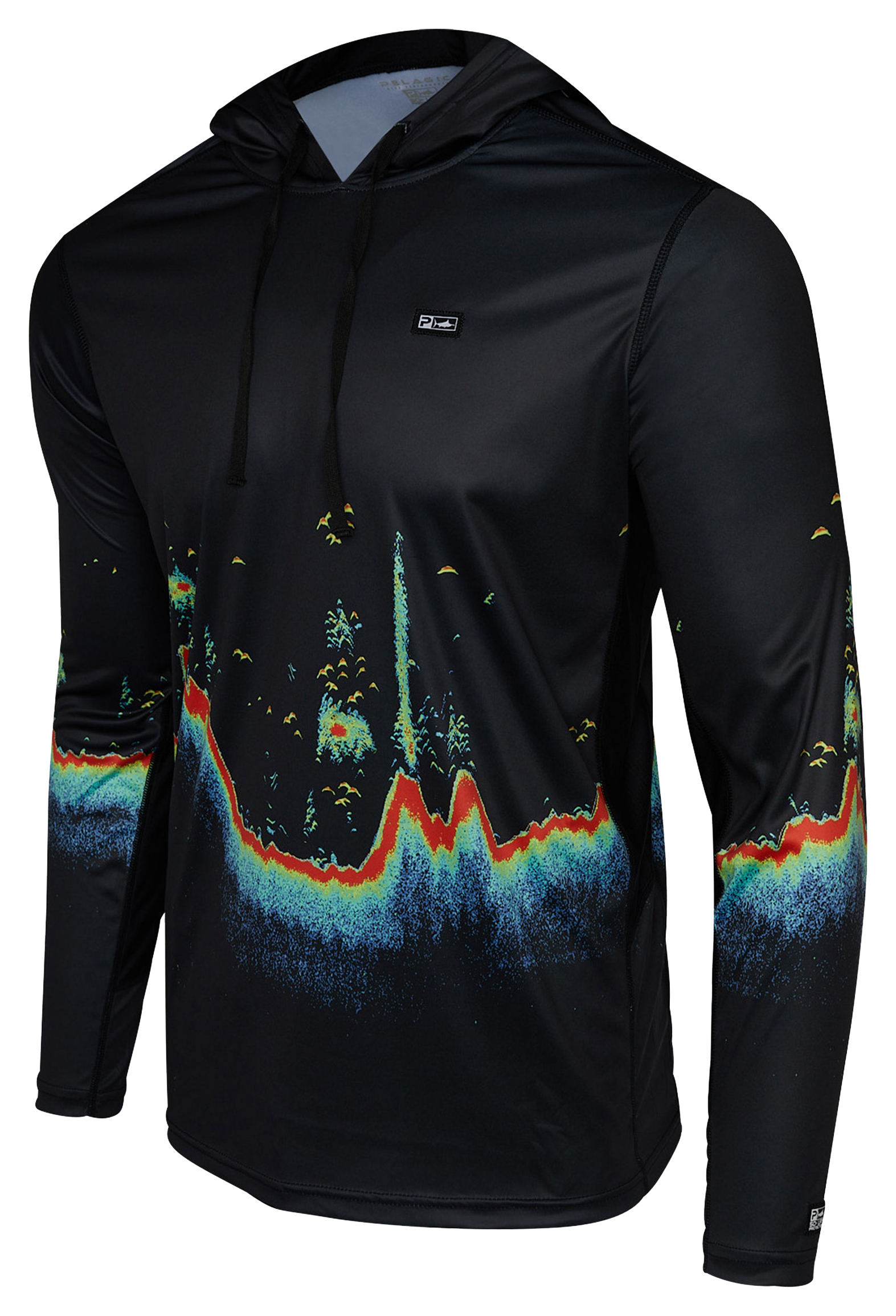 Image of Pelagic Vaportek Sonar Hooded Long-Sleeve Fishing Shirt for Men - Black/Sonar - M