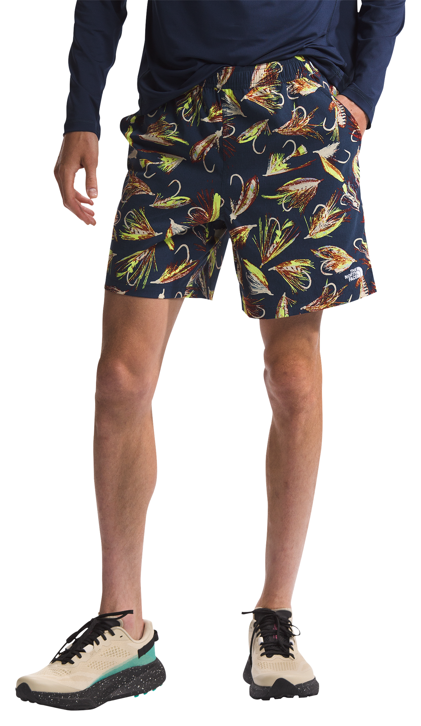 Image of The North Face Class V Pathfinder Pull-On Shorts for Men - Summit Navy Hand Tied Fly Print - S