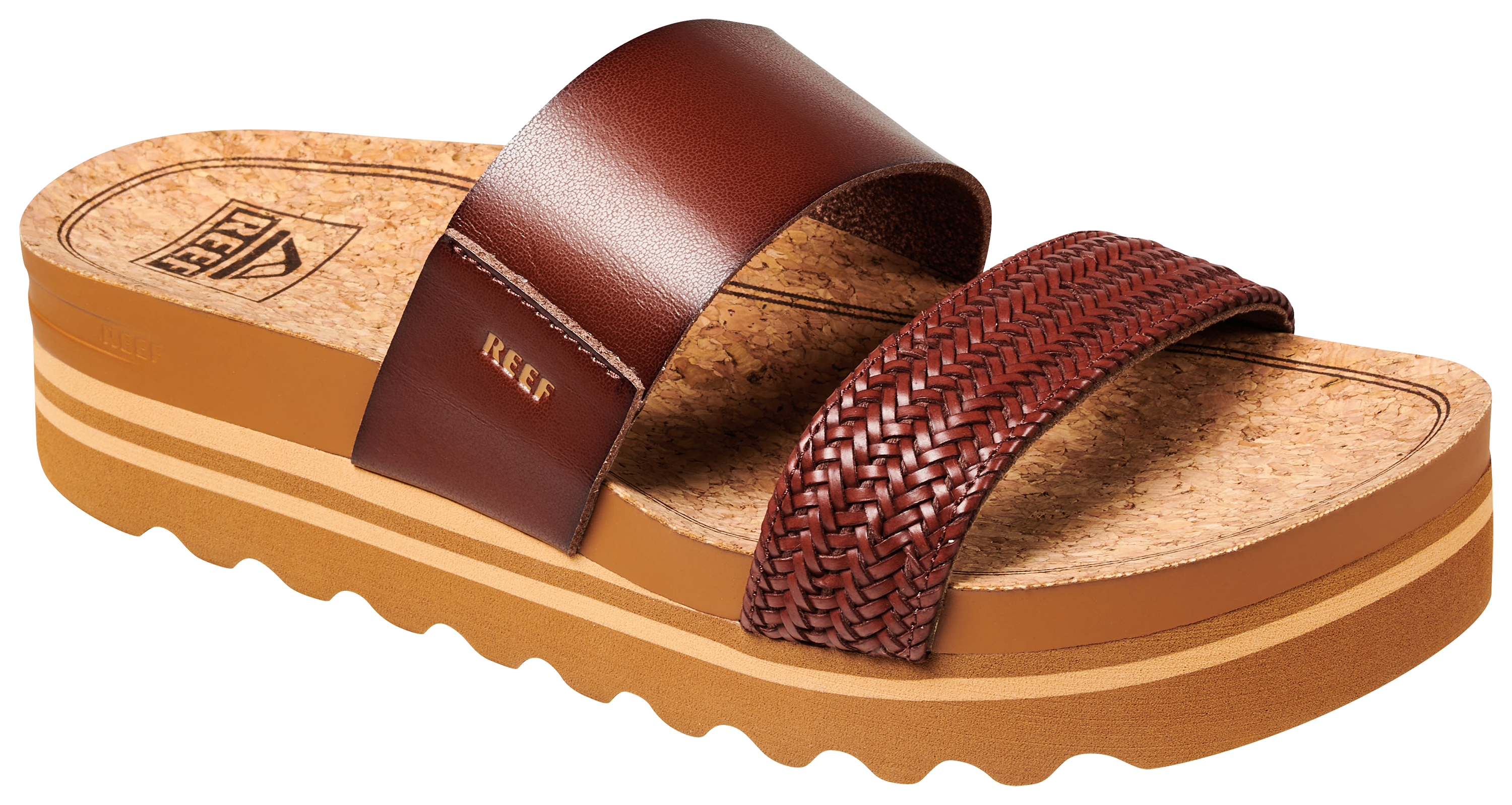 Image of Reef Cushion Vista Hi Braided Slide Sandals for Ladies - Chocolate