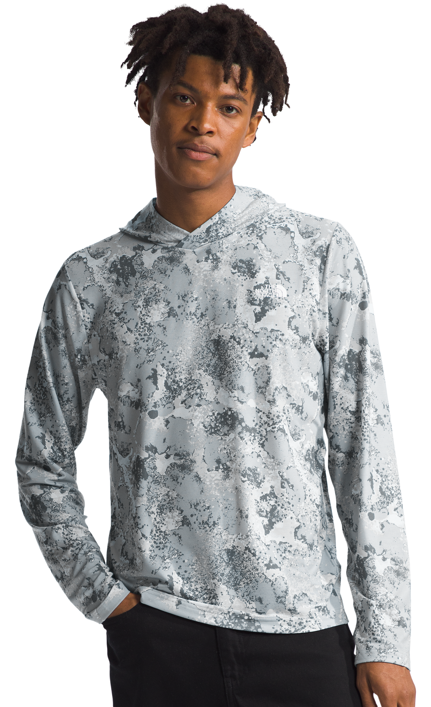 Image of The North Face Adventure Sun Long-Sleeve Hoodie for Men - High Rise Grey Moss Camo Print - S