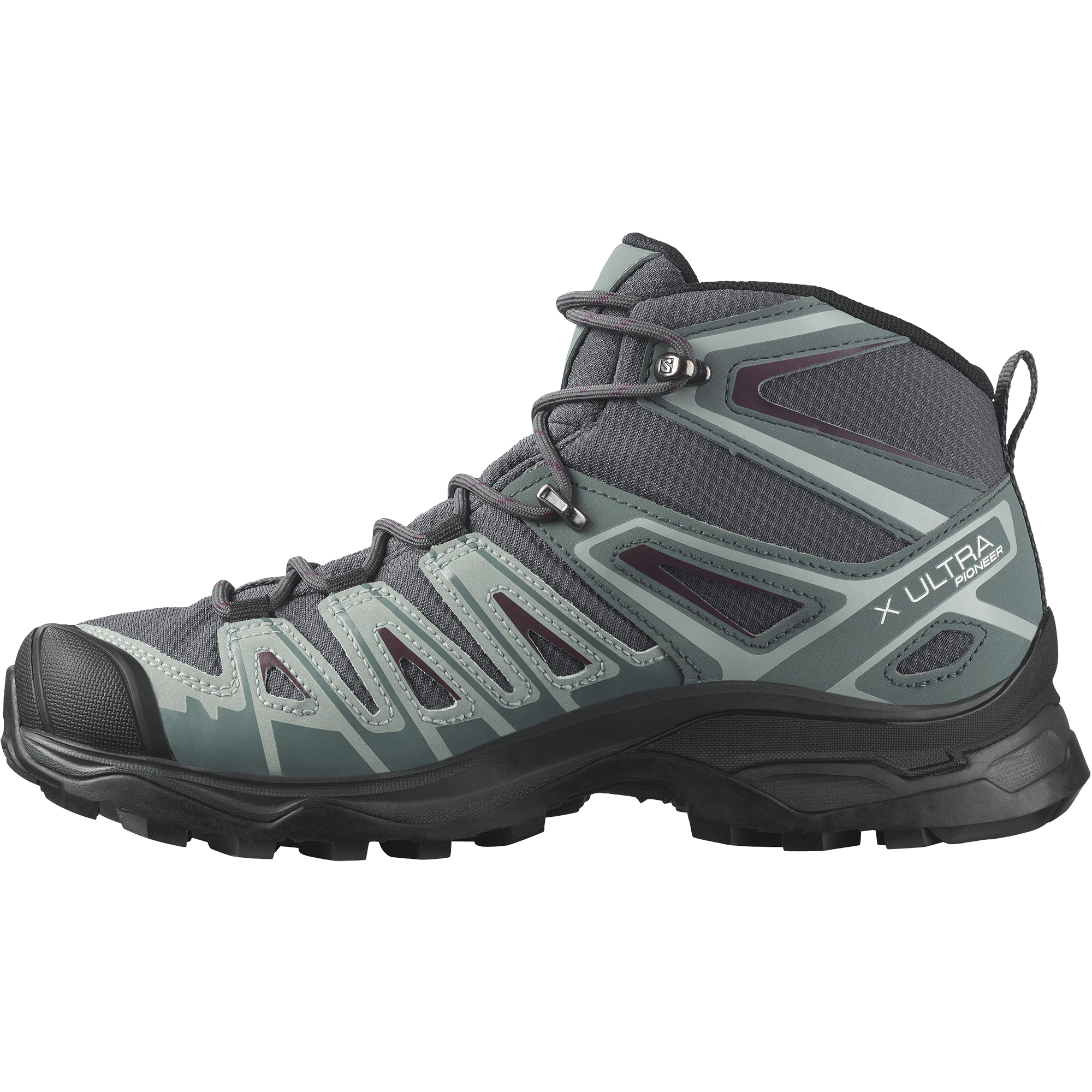 Image of Salomon X Ultra Pioneer Mid Waterproof Hiking Boots for Ladies - Ebony/Stormy Weather/Wine Tasting - 5.5M