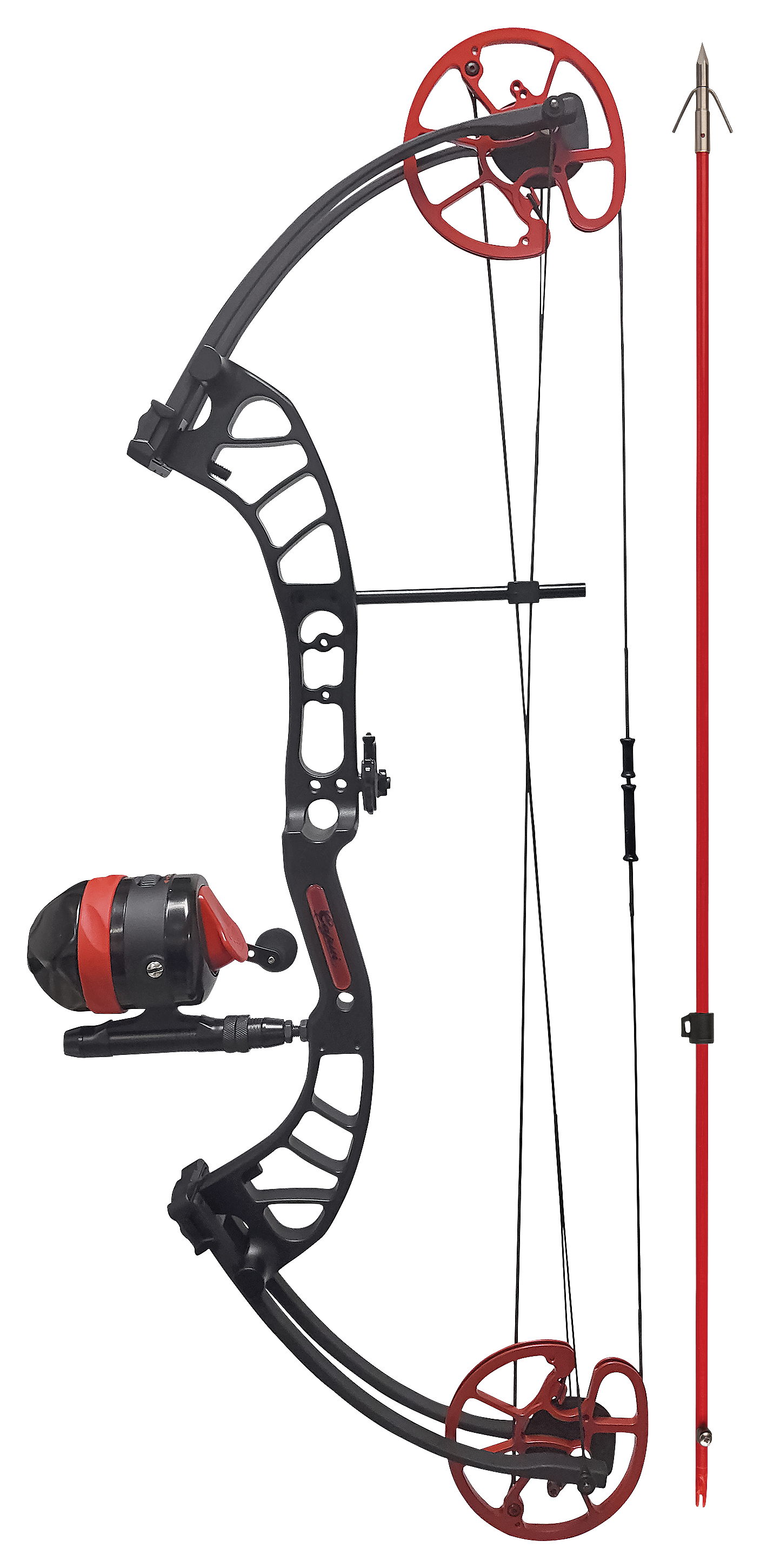 Cajun Bowfishing Shore Runner Ext Compound Bowfishing Bow Ready to Fish Kit  with Brush Fire Arrow Rest, Bowfishing Bottle Reel, Blister Buster Finger  Pads, Fiberglass Arrow, Red, One Size, Compound Bows 