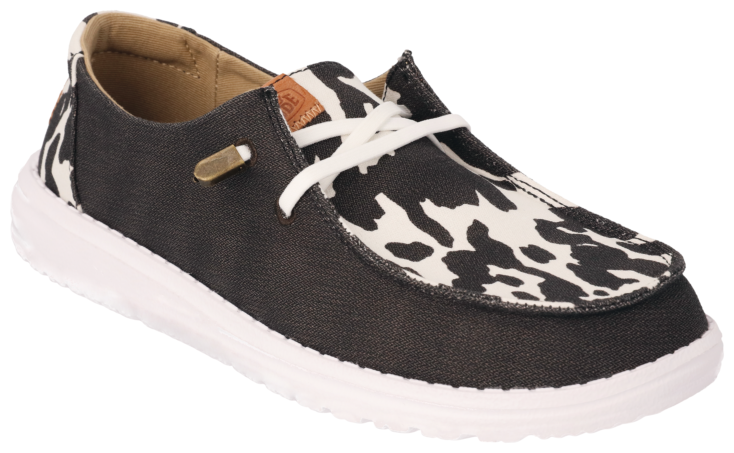 Image of HEYDUDE Wendy Cow Print Canvas Shoes for Ladies - Black Cow - 8M