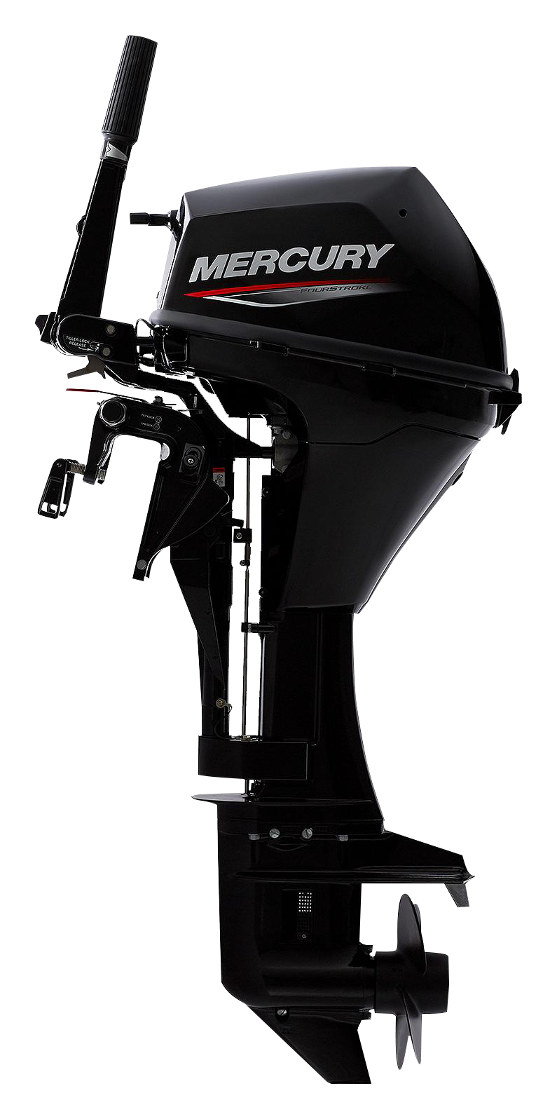 Image of "Mercury 9.9hp Tiller FourStroke Command Thrust Outboard Motor, 25"" Shaft"