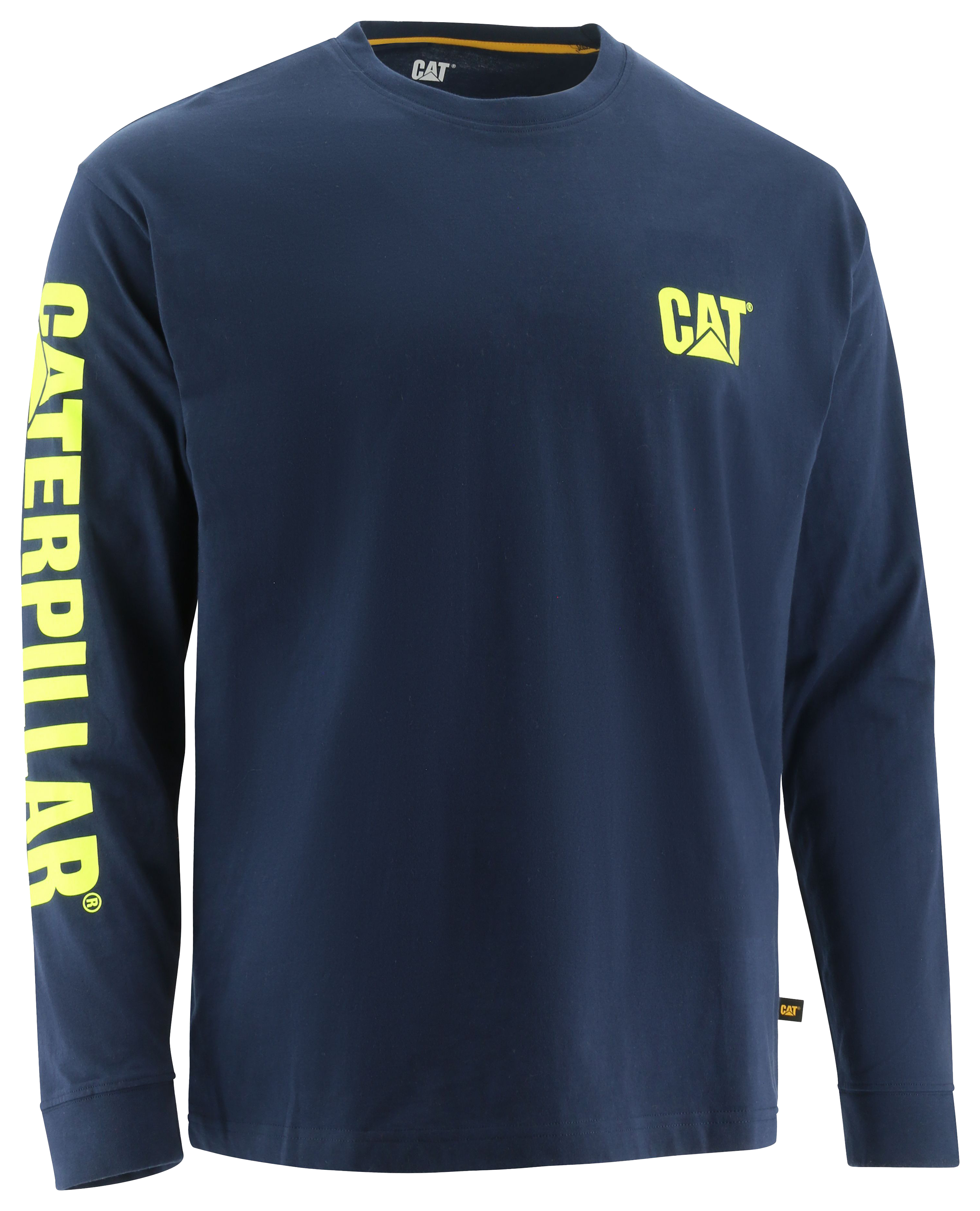 Image of CAT Workwear Caterpillar Trademark Banner Long-Sleeve Tee for Men - Detroit Blue/Hi Vis Yellow
