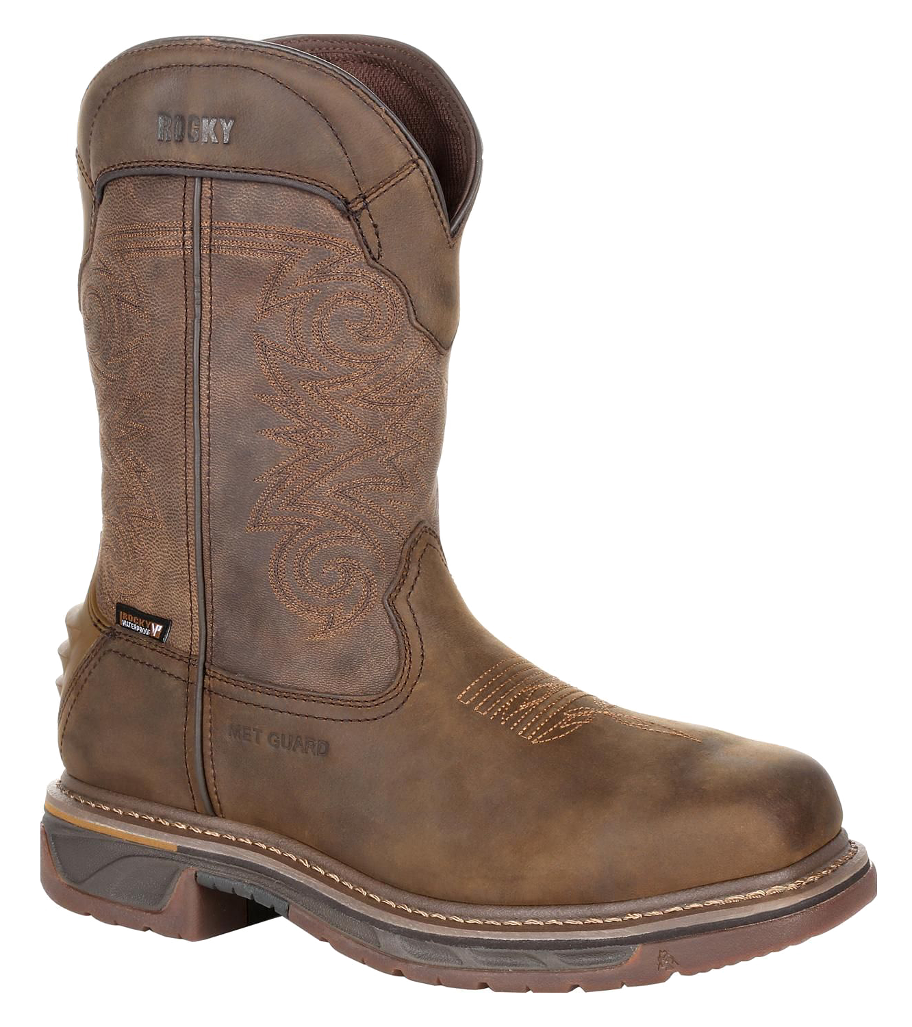 Image of Rocky Iron Skull Waterproof Met Guard Composite-Toe Western Work Boots for Men - Distressed Brown - 8M