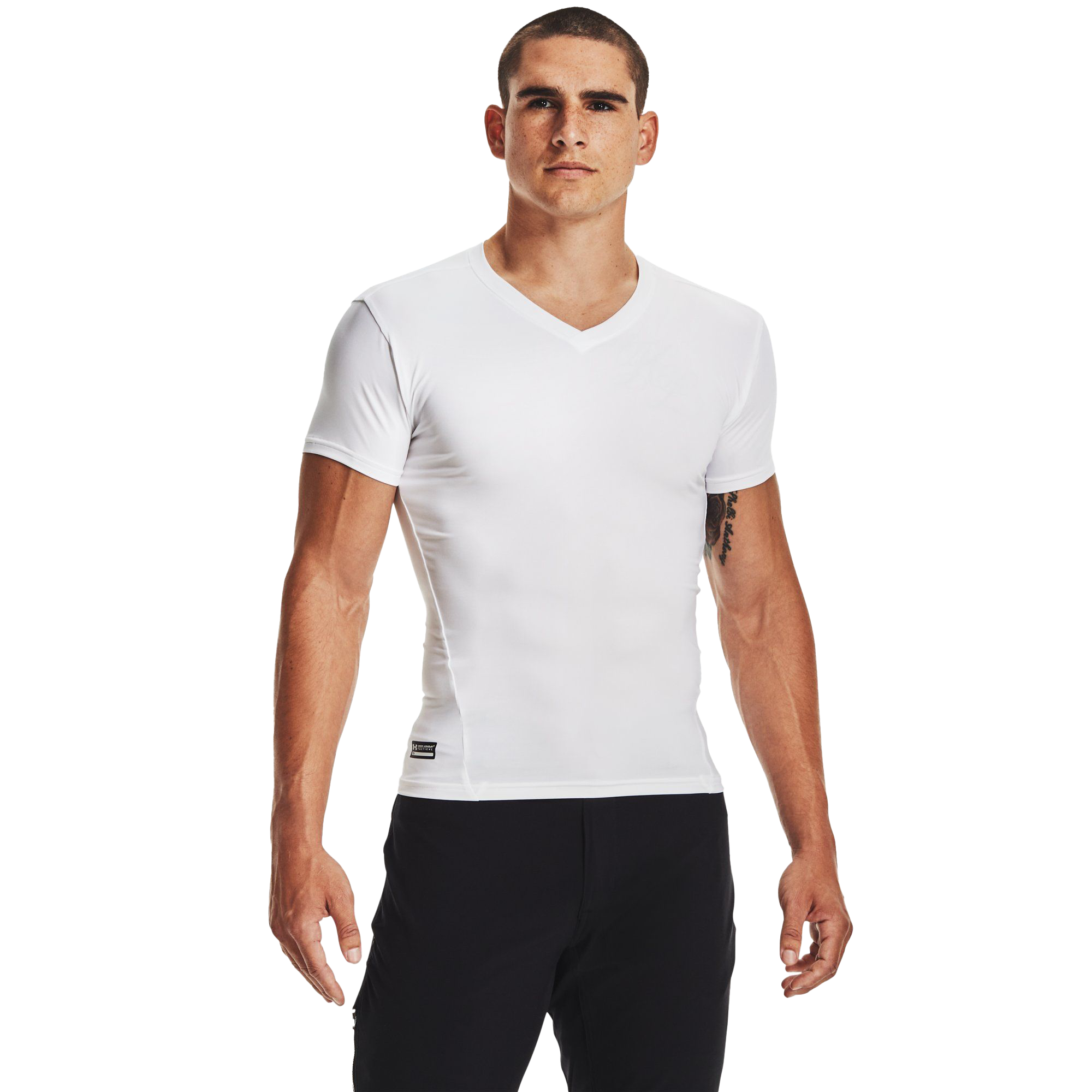 Image of Under Armour Tactical HeatGear Compression V-Neck Short-Sleeve T-Shirt for Men - White/Clear - XL