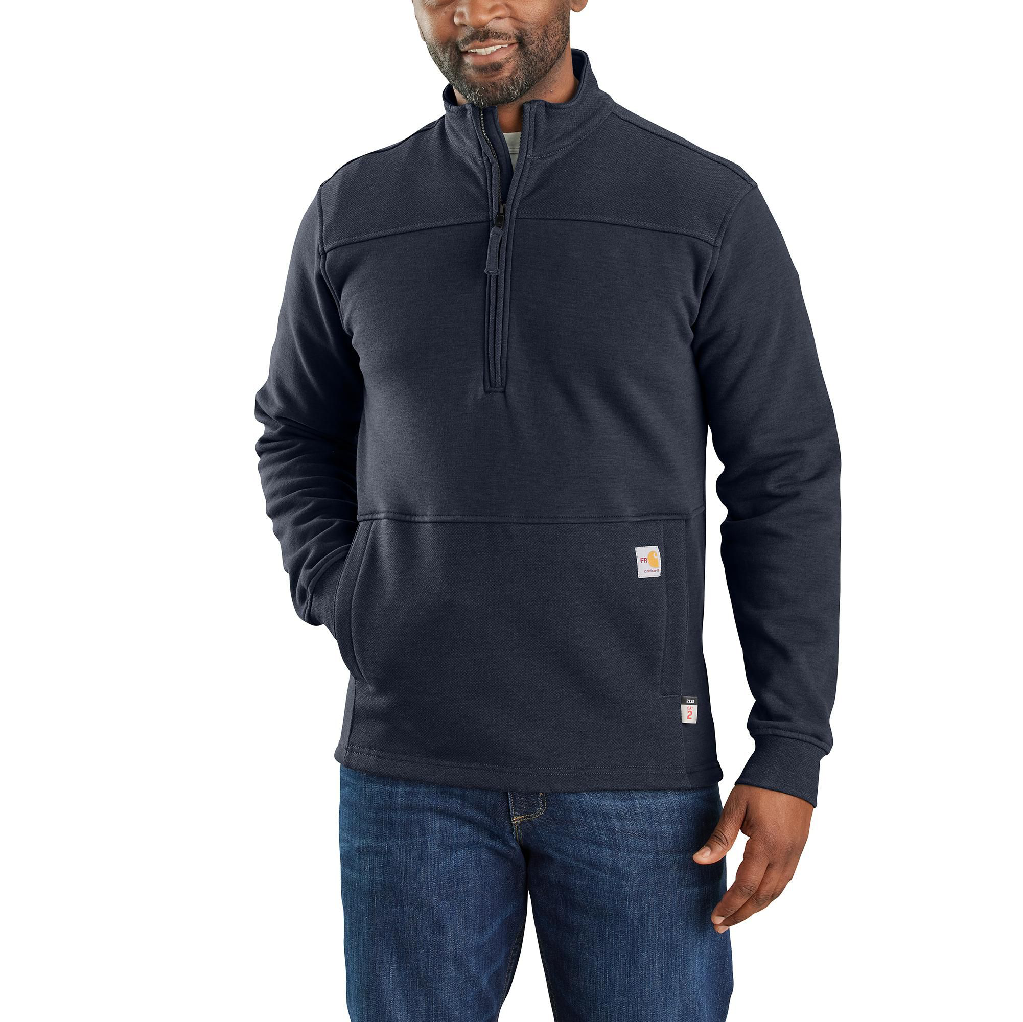 Image of Carhartt Force Flame-Resistant Rain Defender Relaxed-Fit Mock-Neck Fleece Pullover for Men - Navy - L