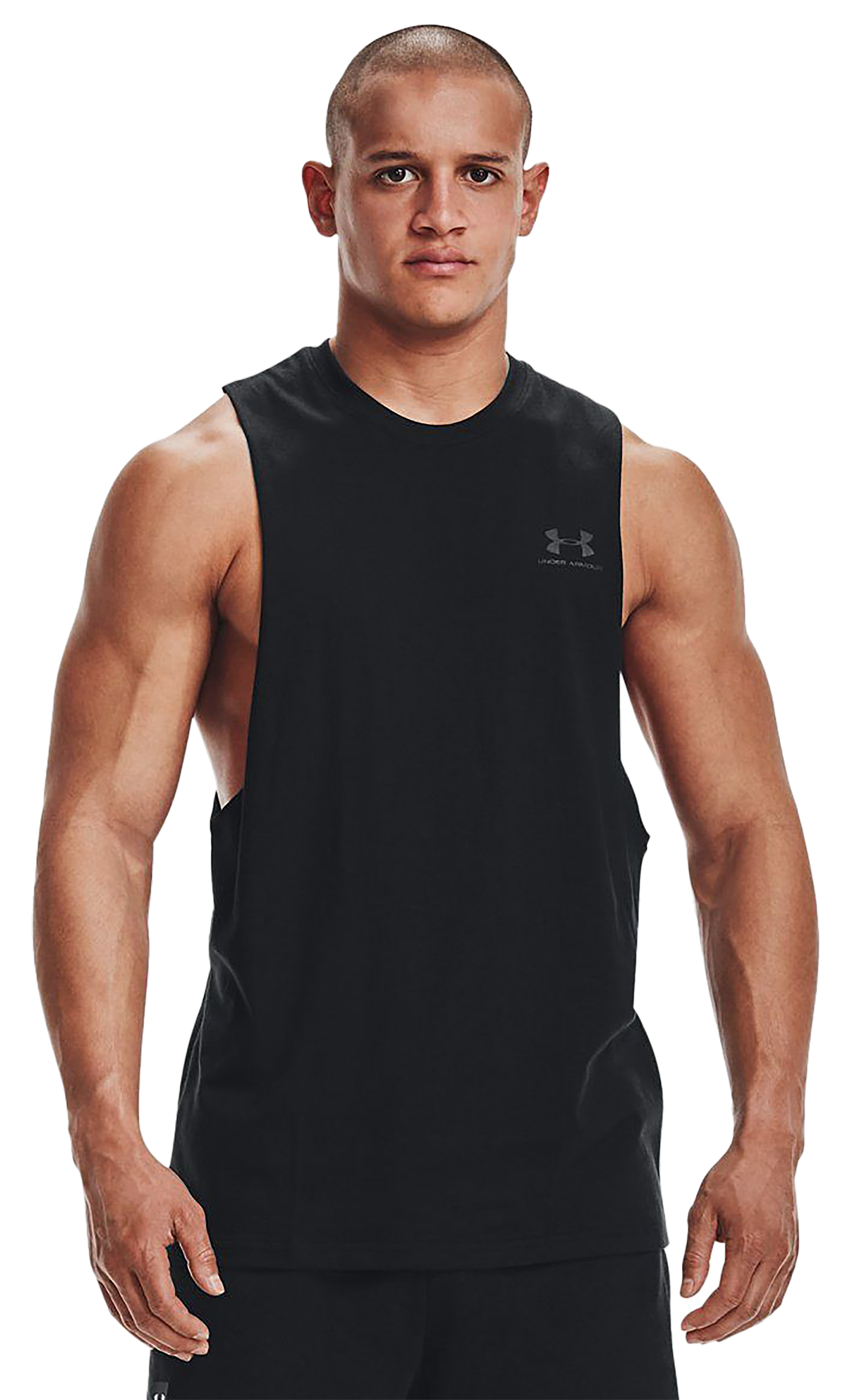 Image of Under Armour Sportstyle Left Chest Cut-Off Tank for Men - Black/Black - L