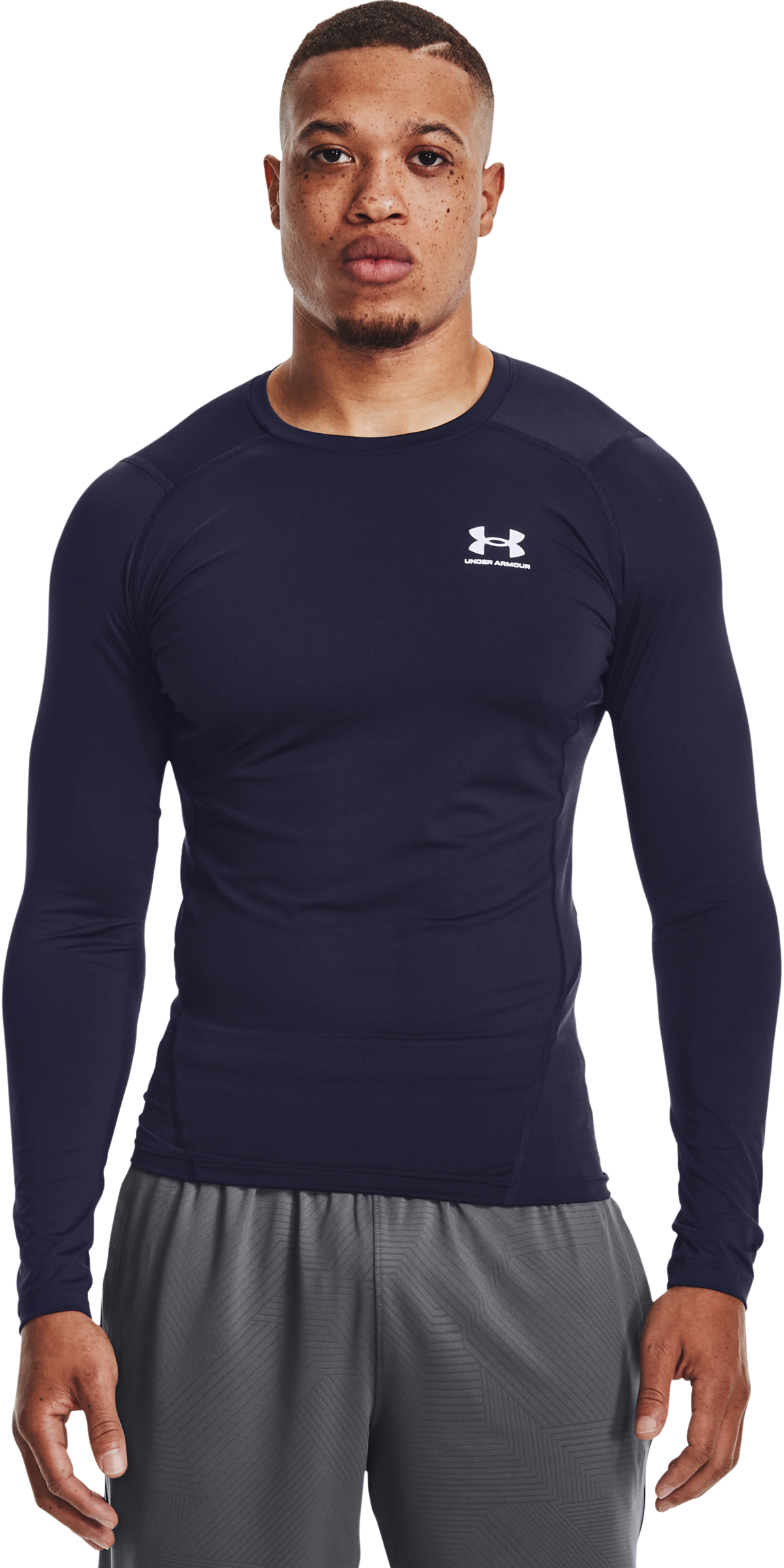 Image of Under Armour HeatGear Compression Long-Sleeve Shirt for Men - Midnight Navy/White - 3XLT