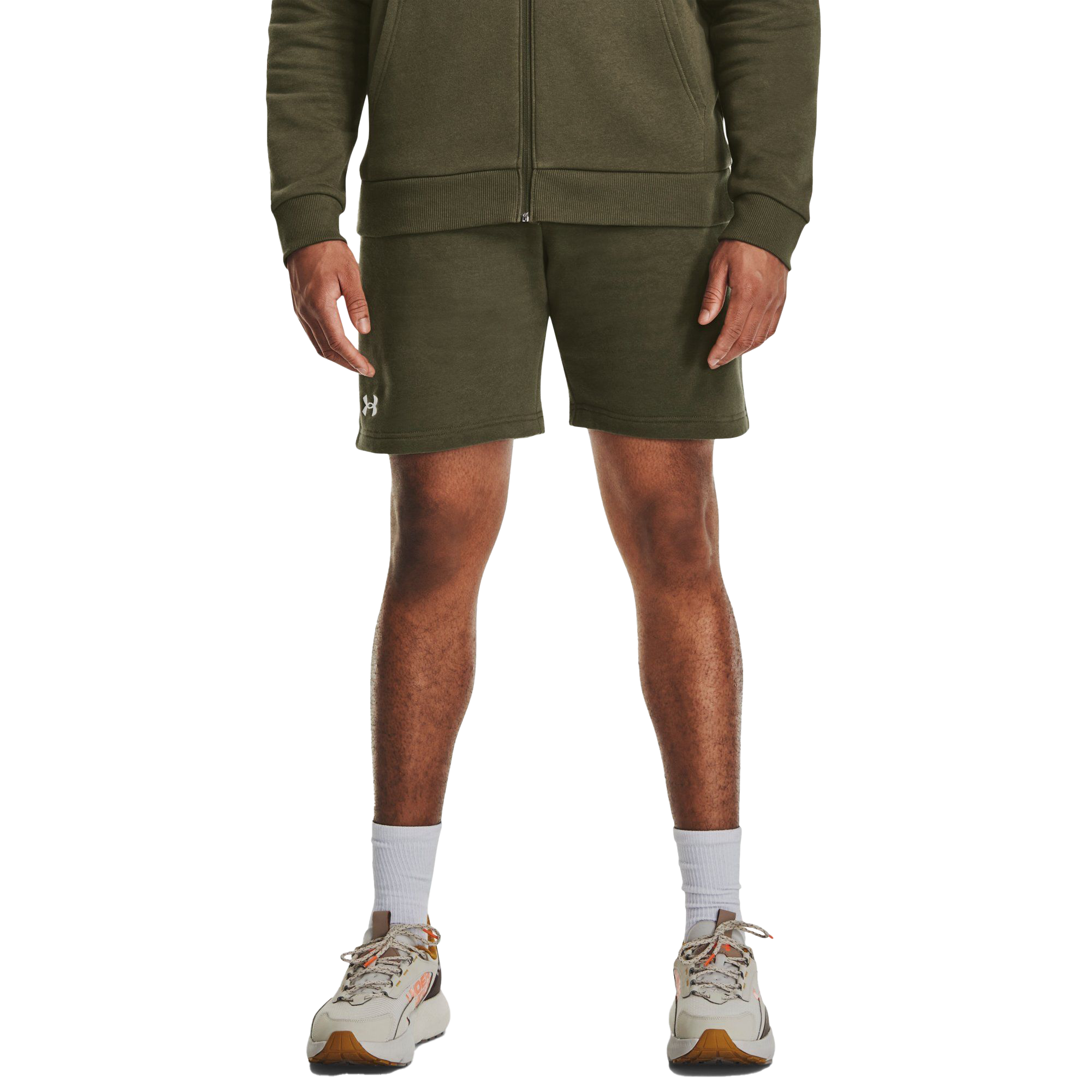 Image of Under Armour Rival Fleece Shorts for Men - Marine OD Green/White - XLT