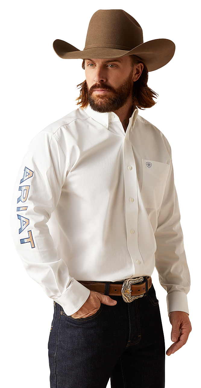 Image of Ariat Casual Series Team Logo Twill Long-Sleeve Shirt for Men - White - 2XL