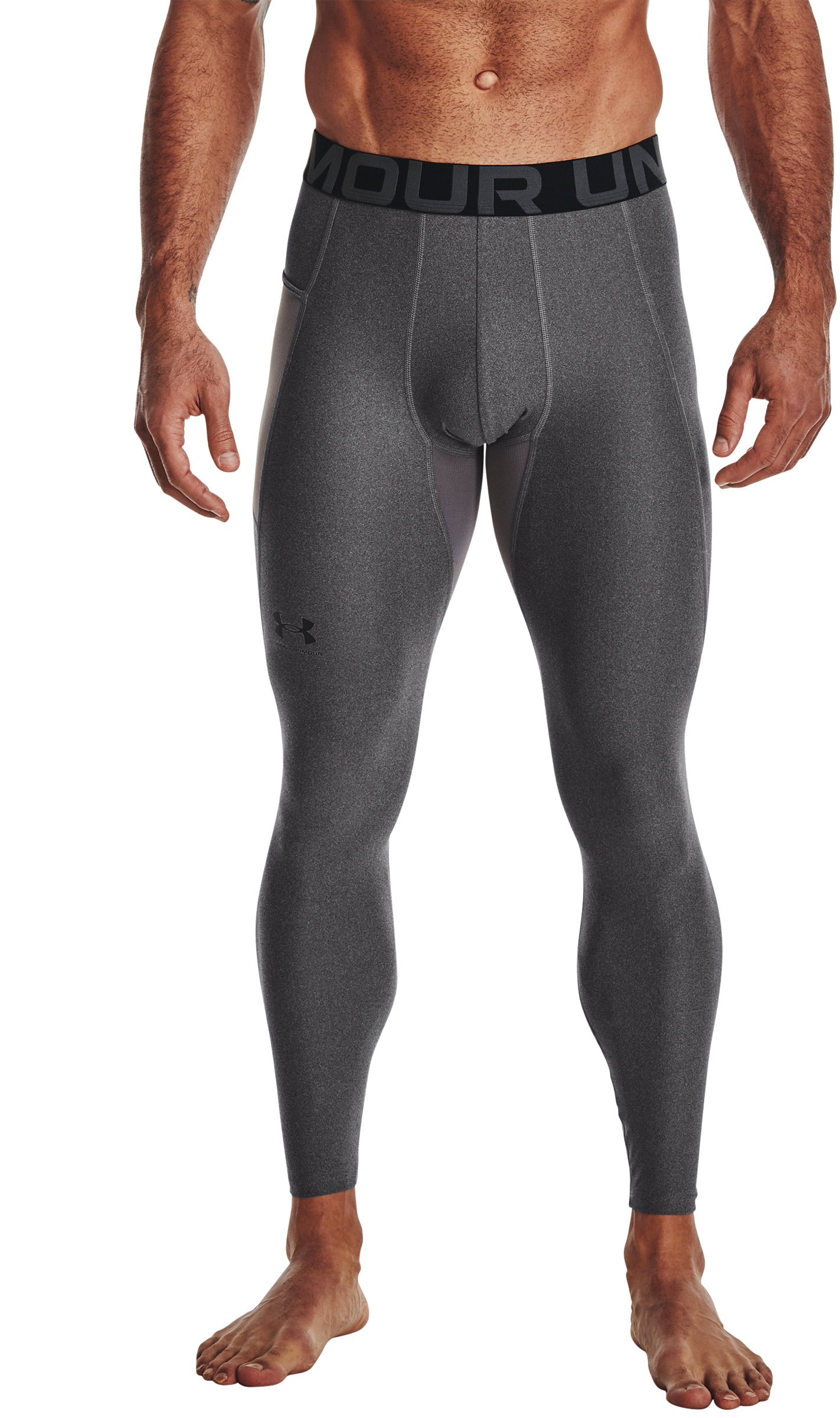 Image of Under Armour HeatGear Armour Compression Leggings for Men - Carbon Heather/Black - 4XL