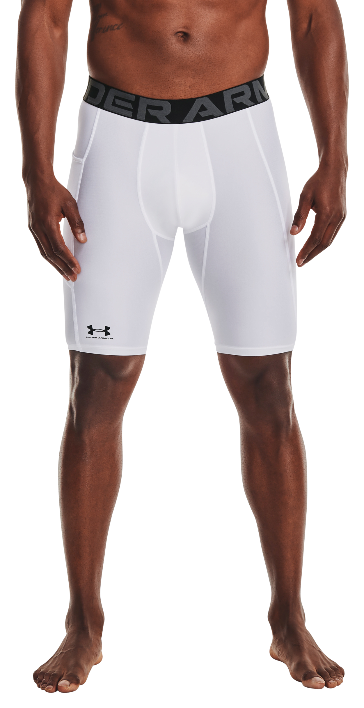 Image of Under Armour HeatGear Compression Pocket Long Shorts for Men - White/Black - 3XL
