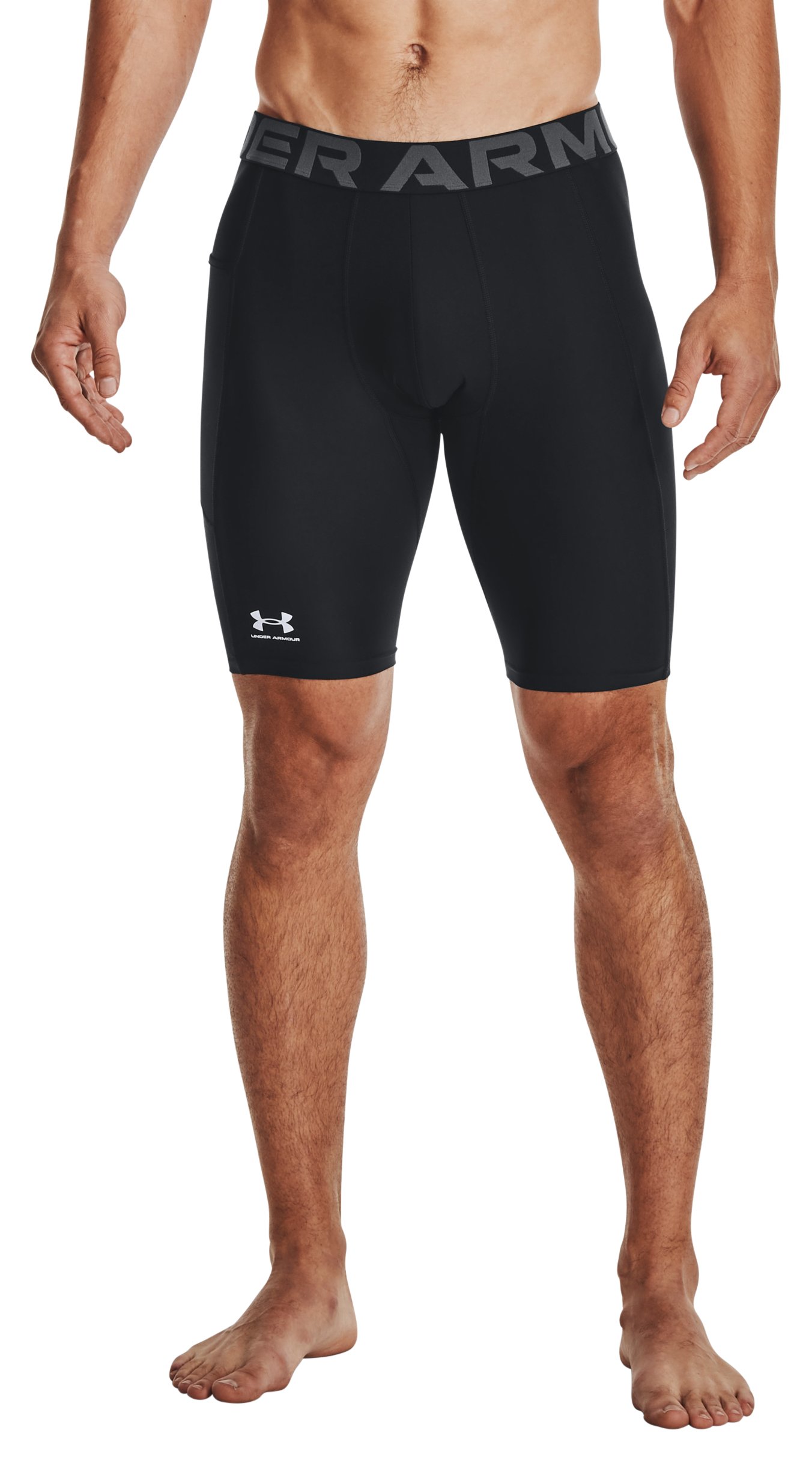 Image of Under Armour HeatGear Compression Pocket Long Shorts for Men - Black/White - XS