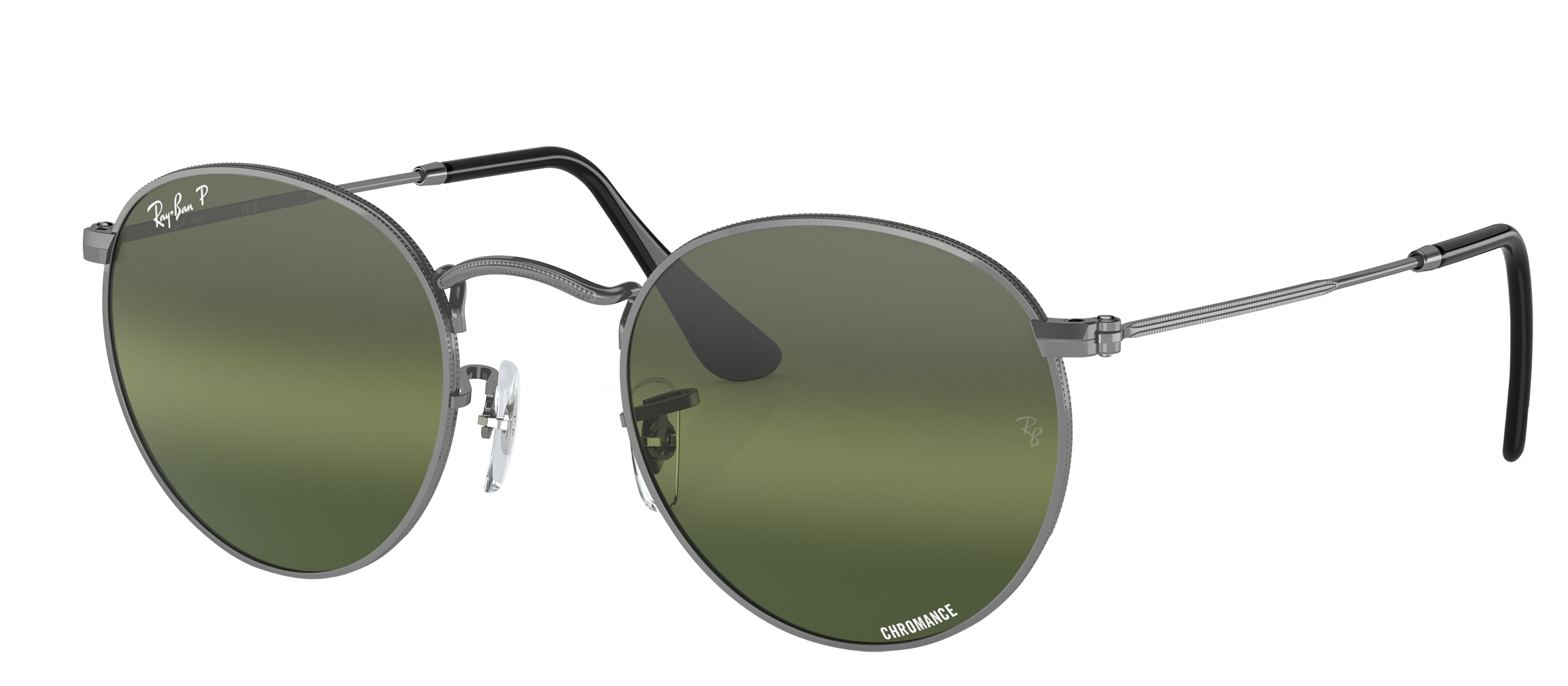 Image of Ray-Ban Round Metal RB3447CH Chromance Mirror Glass Polarized Sunglasses - Gunmetal/Clear/Green Chromance Mirror - Small