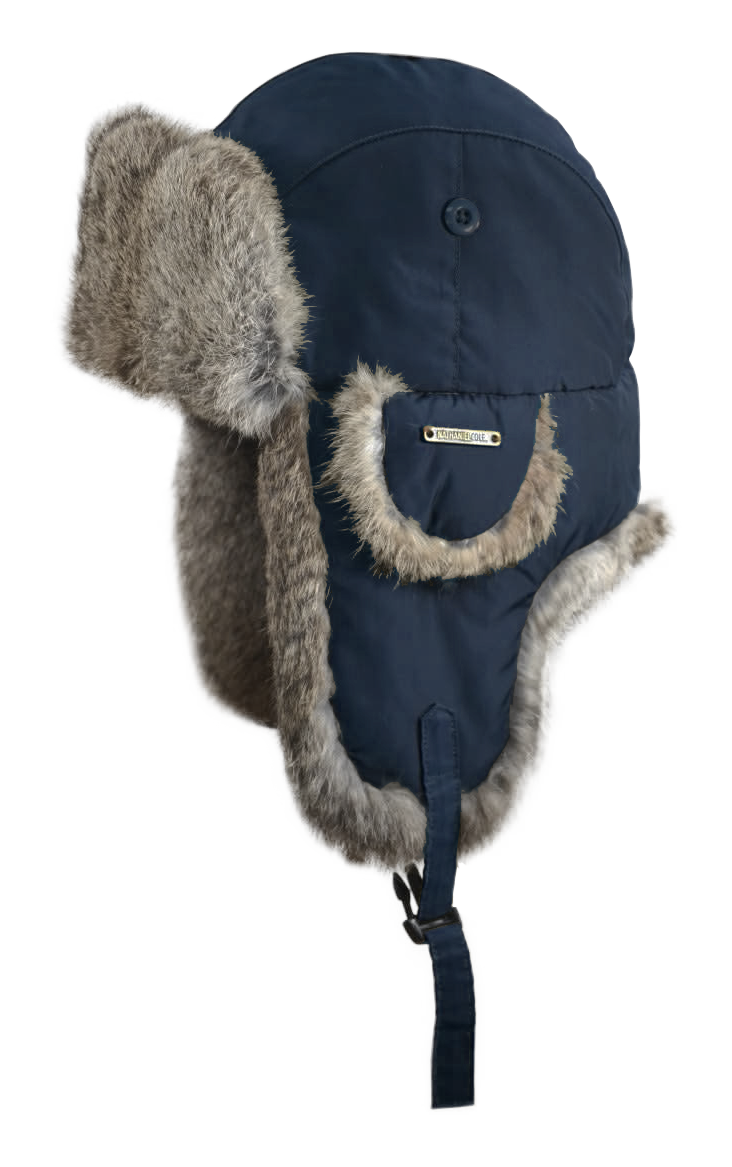 Image of Crown Cap Taslan Aviator Hat with Rabbit Trim - Navy/Grey