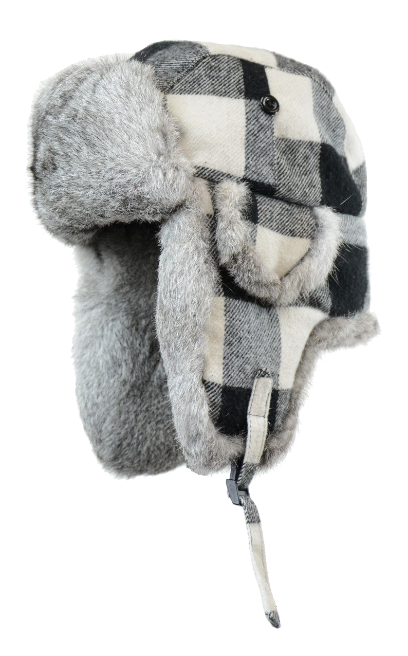Image of Crown Cap Buffalo Check Rabbit-Trimmed Aviator Hat - White/Grey