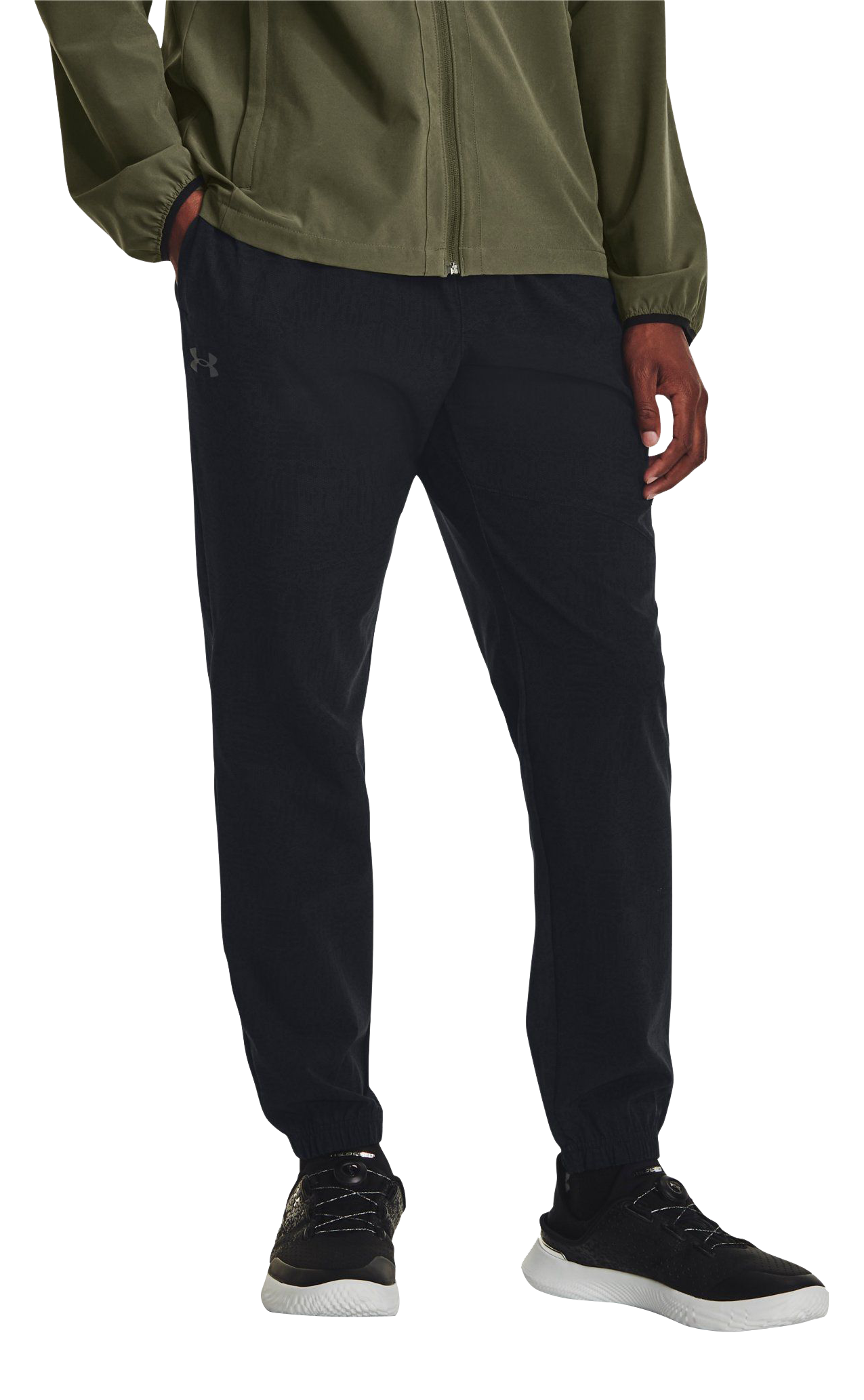Image of Under Armour Stretch Woven Printed Joggers for Men - Black/Pitch Gray - L