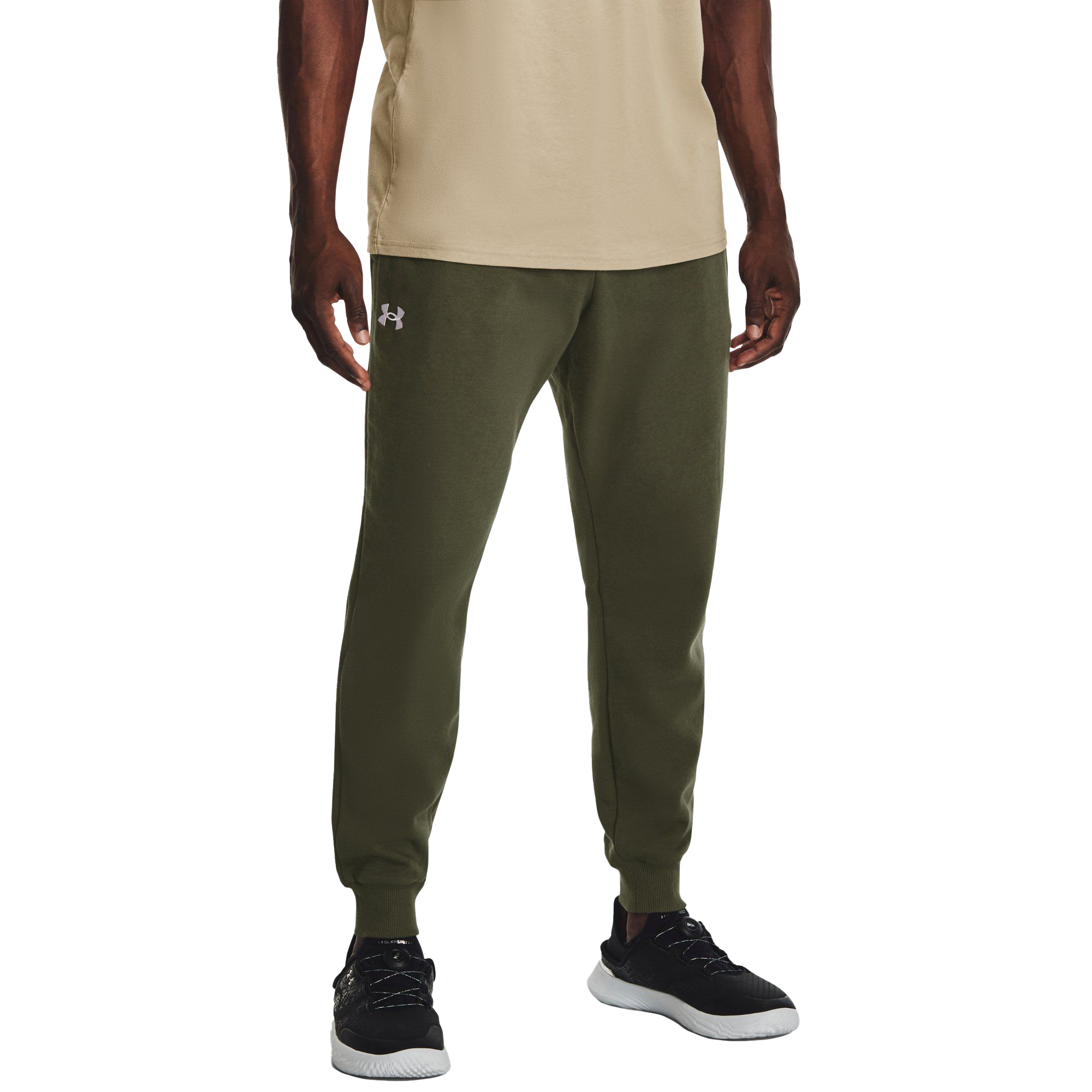 Image of Under Armour Patch Rival Fleece Joggers for Men - Marine OD Green/White - ST